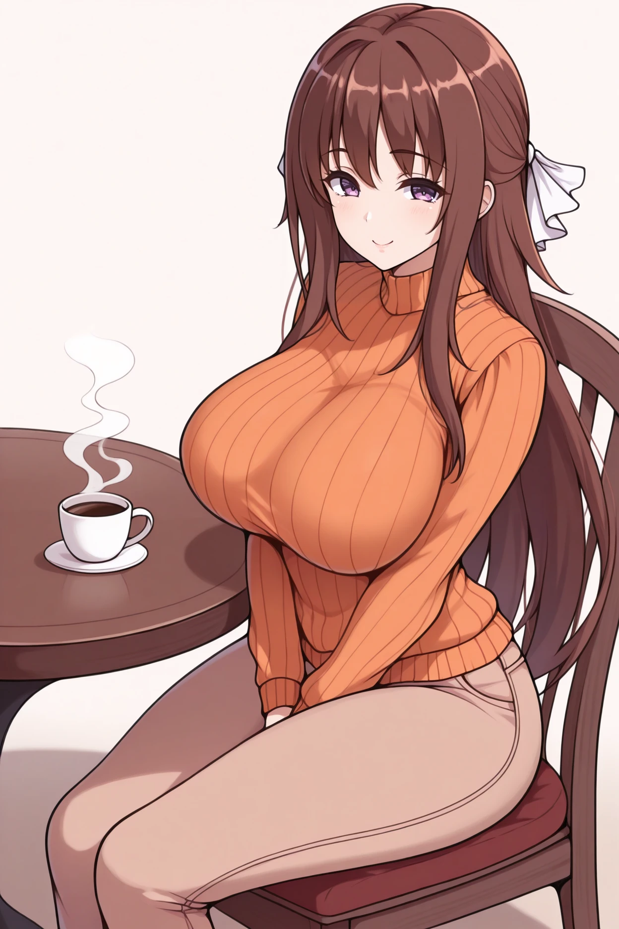 masterpiece, best quality, 1girl, solo <lora:csayuu-illu-nvwls-v1-000005:1> csayuu, brown hair, long hair, purple eyes, hair ribbon, white ribbon, big breasts, orange sweater, brown pants, looking at viewer, sitting, smile, table, chair, cup of coffee, steam, happy