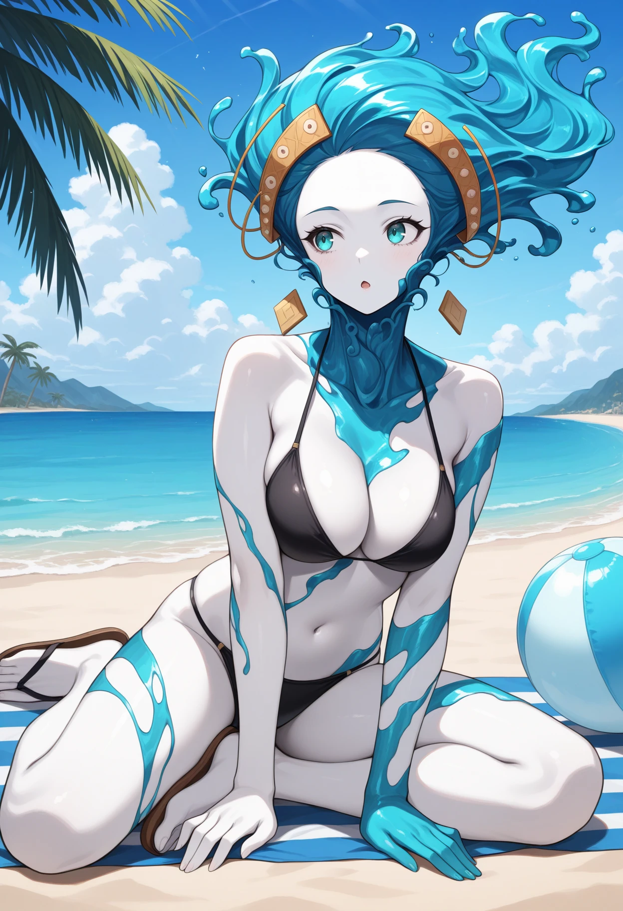 realistic anime style photo panoramic best possible quality ultra realistic environment: seabed, ocean floor, clear water, sunken galleon-style ship, hole in the ship's hull, corals, crabs and starfish in the scenery, first plane close in master piece: naked nude mermaid, long blonde hair, long pointed ears, red mouth, silver eyes, perfect and firm small naked nude breasts, swimming in place