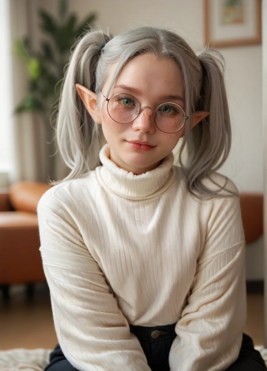 <lora:Cosplay_Neyrodesu-PONY:0.8> neyrodesucos, pointy ears, freckles, green eyes, looking at viewer, grey hair, twintails, round glasses, turtleneck sweater, sitting, posing, solo, indoors, blurred background, score_8_up, score_7_up, score_6_up, score_5_up, score_4_up,