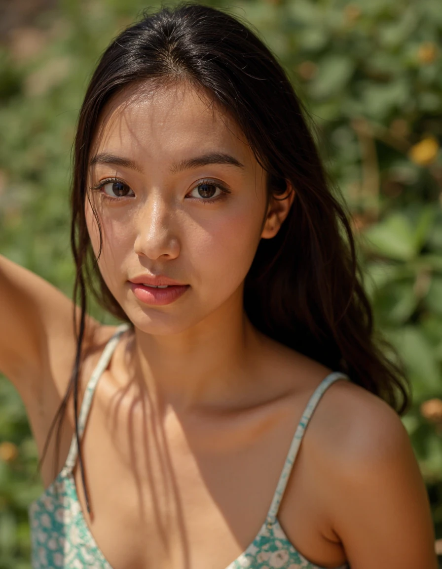 This is a beautiful photograph of a woman,bright glistening skin,realistic skin,skin pores,upper body,dress,outdoors,