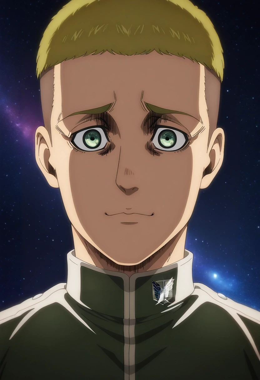 masterpiece, best quality, anime screencap, anime coloring, official style, intricate details, looking at viewer, , 1boy, male focus, green eyes, titian hair, crew cut,, solo, symmetry, space, stars, midnight, arms at sides, giggling, <lora:shingeki_no_kyojin_s4_style_ilxl:1.04>, shingeki_no_kyojin_s4_style,