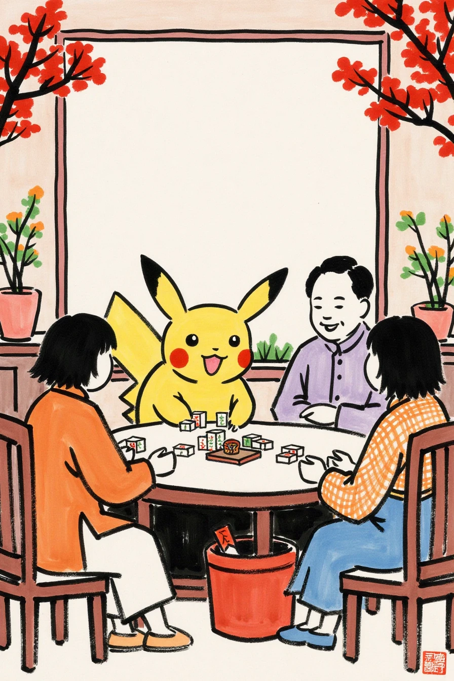 fengzikai, Chinese ink painting.
Pikachu plays mahjong with family in a cozy living room in a festive decoration in Chinese new year. Laughter fills the room, showing intergenerational bonding. The scene is bright and lively, emphasizing fun and connection. 