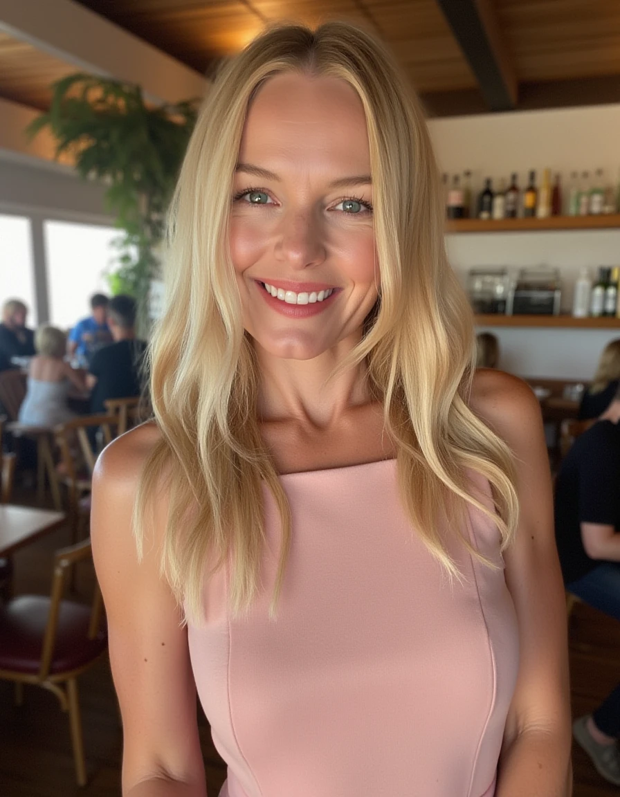 <lora:Kate_Bosworth_Flux:1>  This is a  beautiful photograph of a woman, blonde hair cascades around her shoulders, framing her face. She is wearing a boatneck dress, Standing in a cafe. Looking at the viewer. Smile.