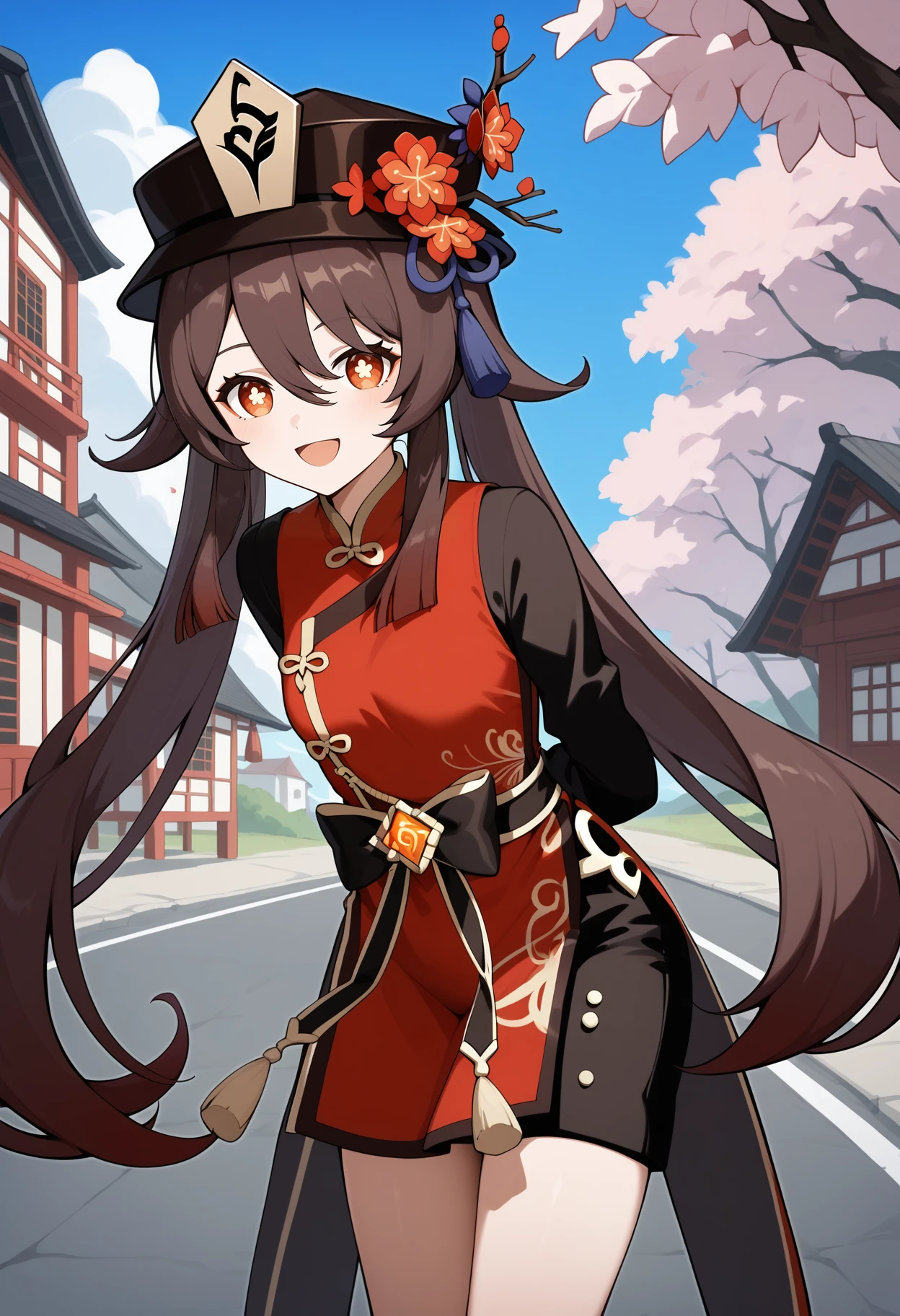 score_9, score_8_up, score_7_up, score_6_up, score_5_up, score_4_up, source_anime, aahutao, long hair, brown hair, twintails, porkpie hat, black headwear, hat flower, red eyes, flower-shaped pupils, small breasts, red dress, long sleeves, black sleeves, ring, black bow, black shorts, <lora:hu_tao_(genshin_impact)_ponyxl_v1:0.9>, arms behind back, leaning forward, standing, outdoors, open mouth, cherry blossoms, smile, town, road,