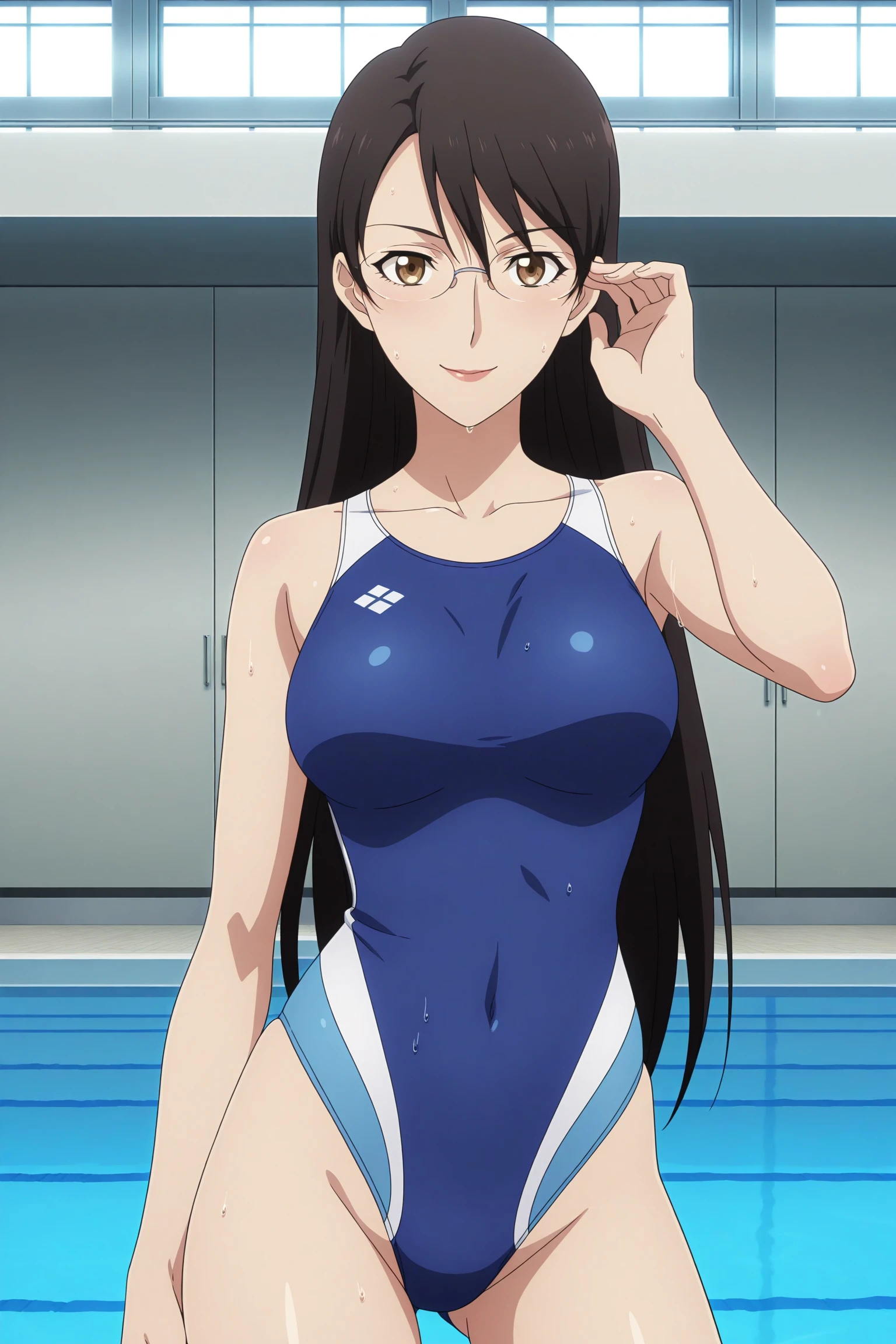 masterpiece, best quality, amazing quality, highres, absurdres, very aesthetic, high resolution, ultra detailed, perfect details, 1girl, solo, indoors, pool, kikuchihara aki, black hair, very long hair, straight hair, swept bangs, brown eyes, rimless eyewear, competition swimsuit, blue swimsuit, <lora:Aki_Kikuchihara_ILXL:0.8>, (aged up:1.4), (cowboy shot body), smile, (pose:1.1), anime screencap, wet, sweat, looking at viewer