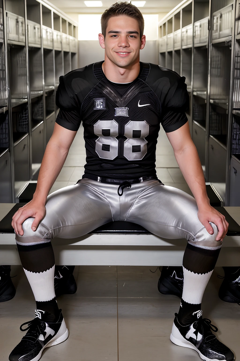 locker room, sitting on a bench, in front of lockers, slightly smiling, ZackRandall is an (American football player), wearing (football uniform:1.2), (black jersey:1.4), jersey number 9, (pale silver football pants:1.4), (black socks:1.4), long socks, (black sneakers:1.4), (((full body portrait))), wide angle <lora:ZackRandall:0.8>