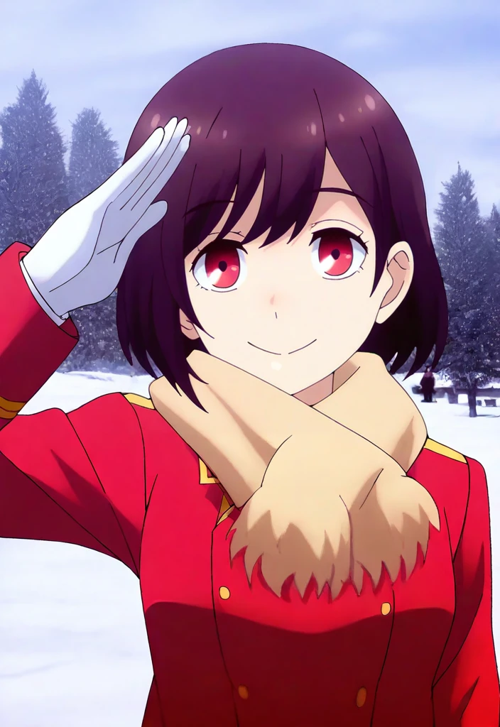 1girl, red eyes, brown hair, short hair, military uniform, military hat, gloves, salute, deadpan, snow, snowing, winter, fur trim, military jacket, upper body, solo focus, hat, smile, jacket, scarf, long sleeves, outdoors, ushanka, looking at viewer, uniform, white gloves, winter clothes, photo background
masterpiece,best quality, very aesthetic, newest, absurdres
<lora:Rae-1.0:1>