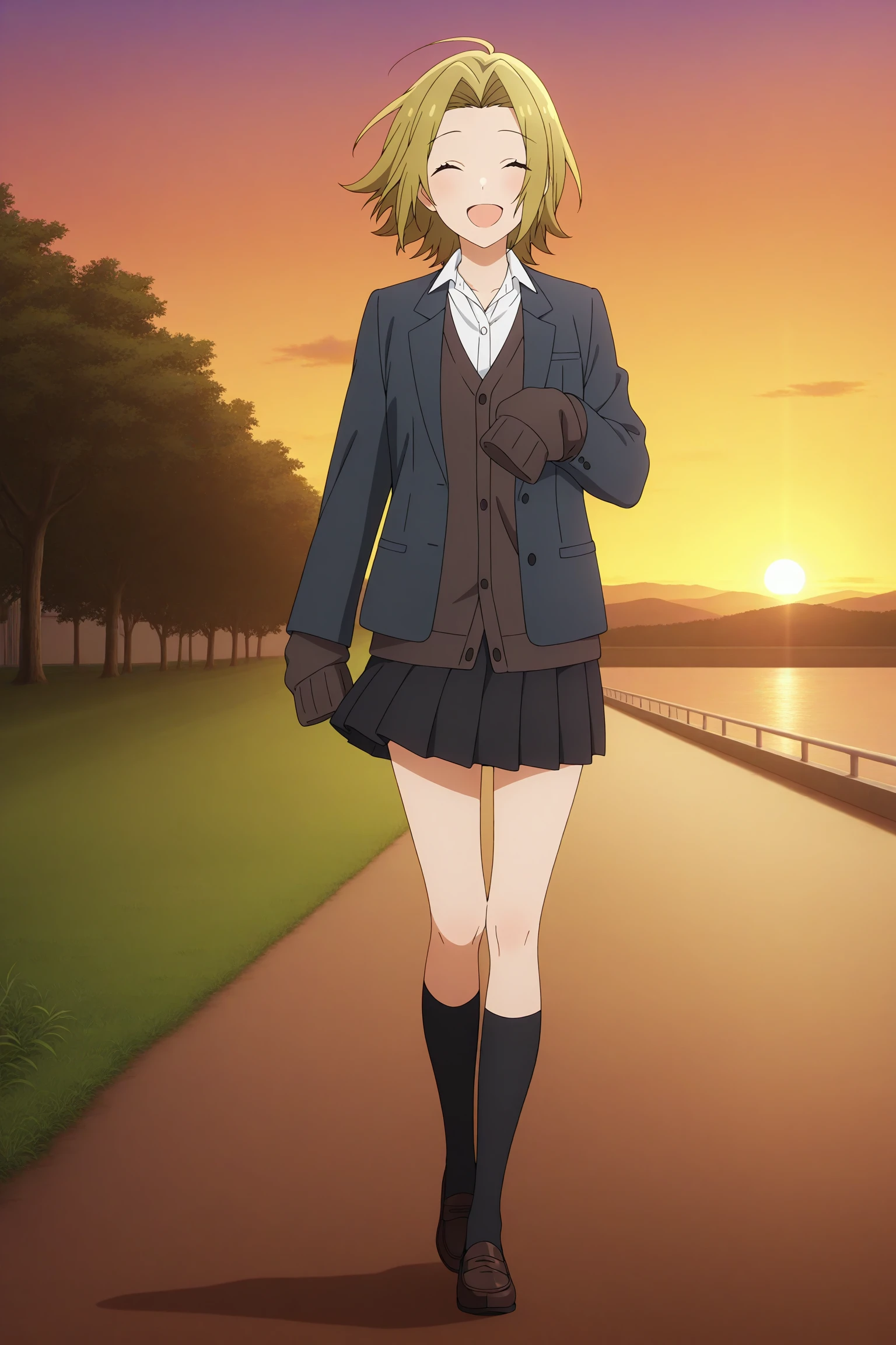 masterpiece, best quality, amazing quality, highres, absurdres, very aesthetic, high resolution, ultra detailed, perfect details, 1girl, solo, outdoors, riverbank, sunset, yoshikawa yuki, blonde hair, short hair, curtained hair, closed eyes, long sleeves, grey jacket, open jacket, white shirt, collared shirt, brown cardigan, sleeves past fingers, black skirt, pleated skirt, black socks, kneehighs, loafers, <lora:Yuki_Yoshikawa_ILXL:0.8>, (aged up:1.3), (full body), smile, anime screencap, wind, floating hair, pose, (open mouth:1.3)