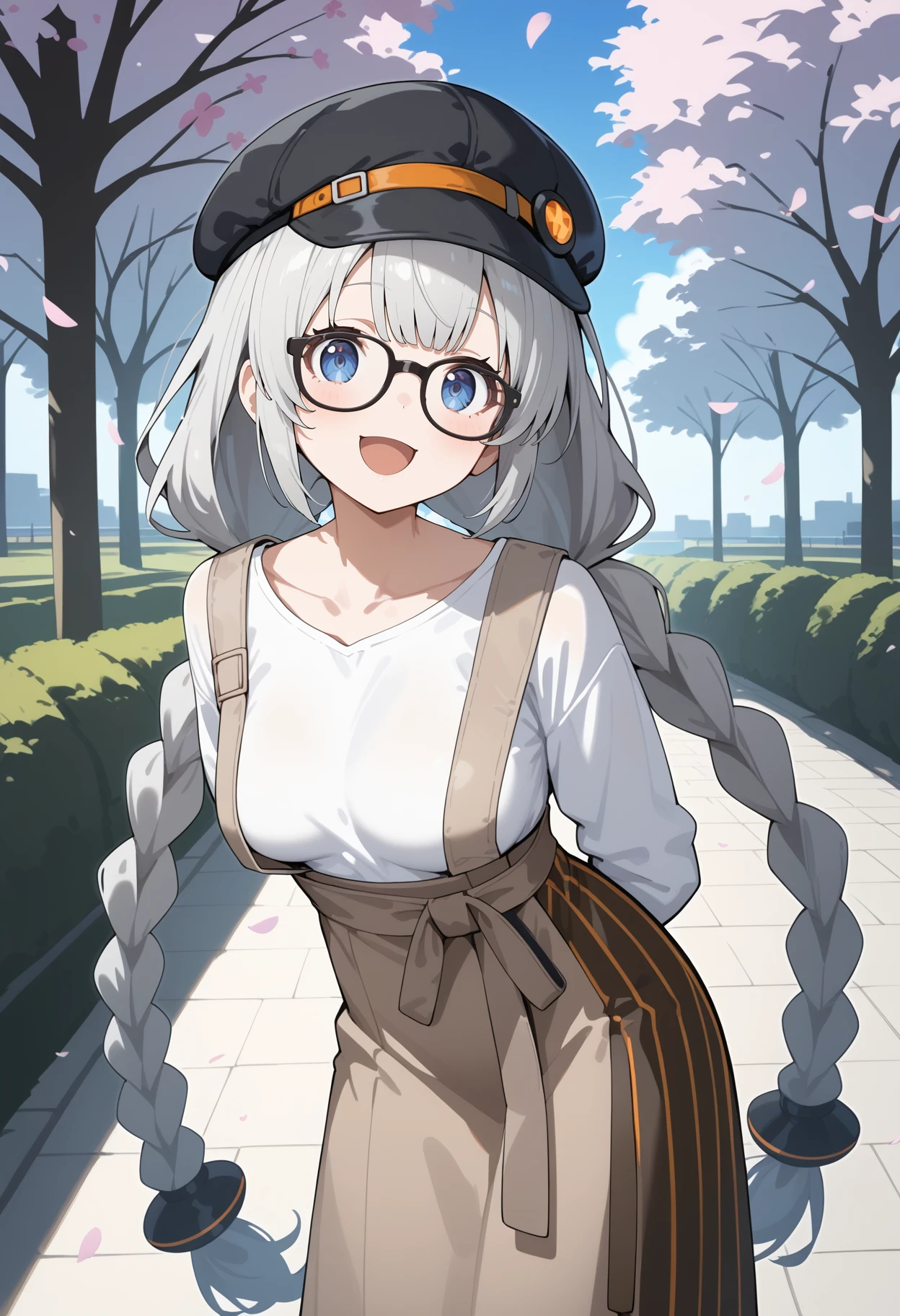 score_9, score_8_up, score_7_up, score_6_up, score_5_up, score_4_up, source_anime, aaakari, long hair, grey hair, twin braids, cabbie hat, black headwear, blue eyes, glasses, breasts, collarbone, white shirt, long sleeves, suspender skirt, high-waist skirt, brown skirt, <lora:kizuna_akari_ponyxl_v1:0.9>, arms behind back, leaning forward, standing, outdoors, open mouth, cherry blossoms, smile, park,