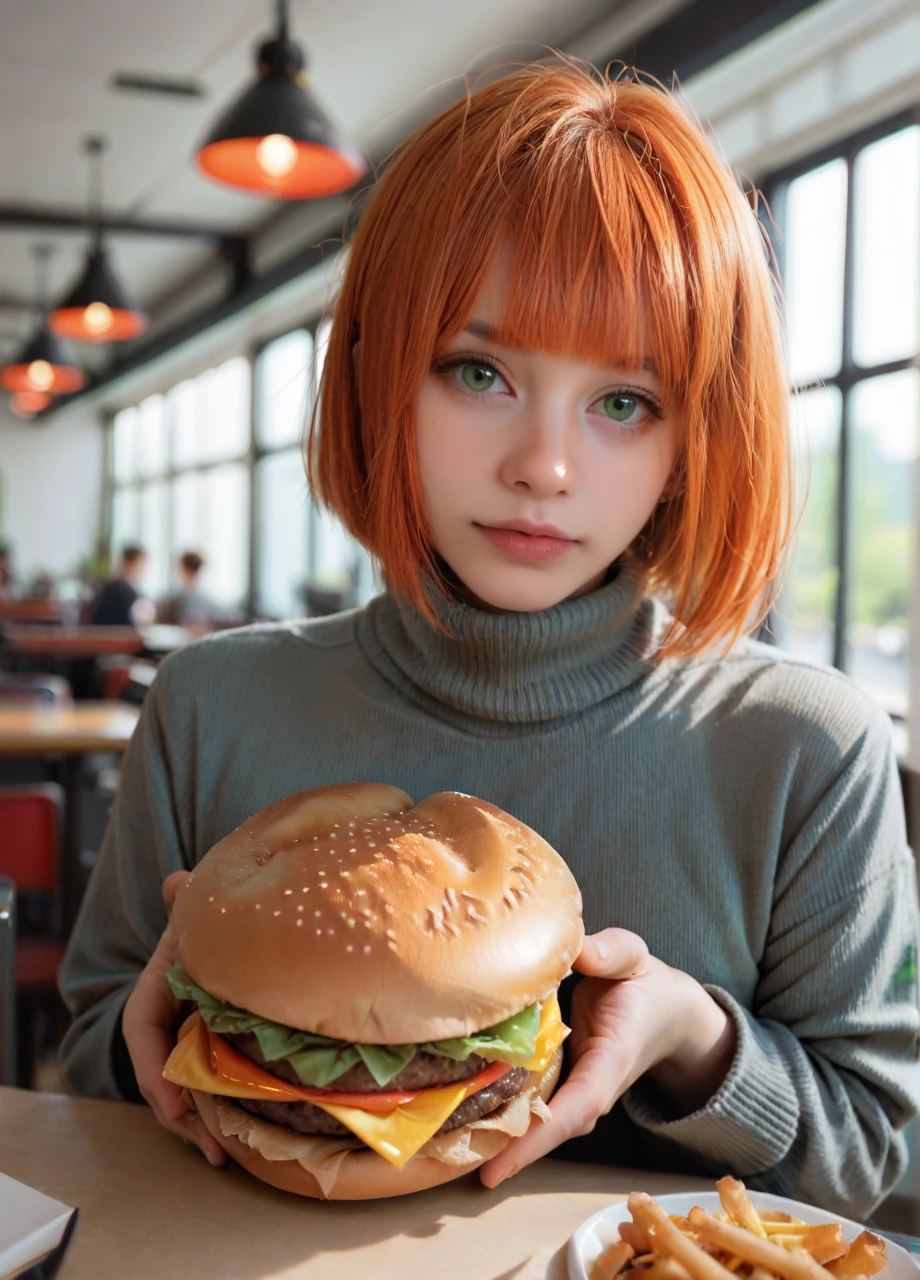 <lora:Cosplay_Byoru-PONY:0.8> byorucos, solo, orange hair, bob cut, blunt bangs, green eyes, looking at viewer, grey turtleneck, holding burger, indoors, blurred background, photo, score_8_up, score_7_up, score_6_up, score_5_up, score_4_up,