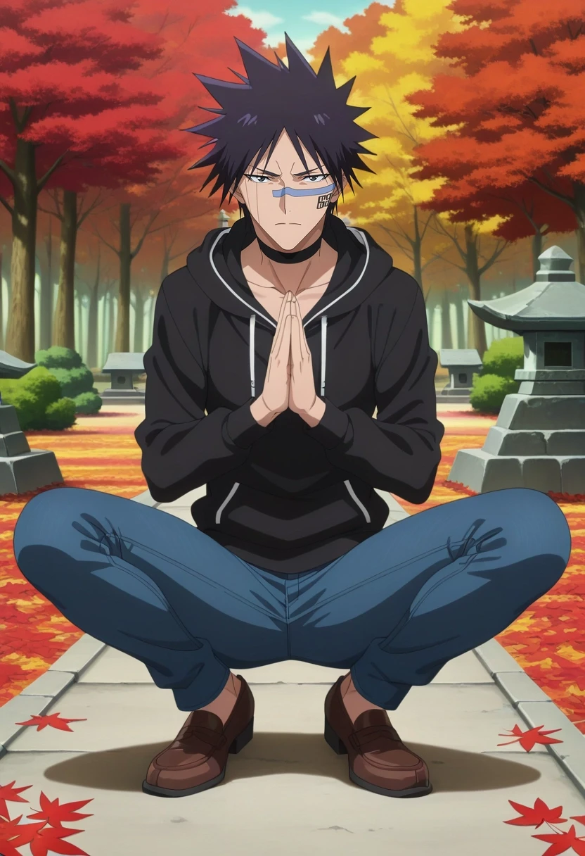 masterpiece, best quality, , anime screencap, anime coloring, official style, , 1boy, solo, male focus, <lora:shuuhei_hisagi_ilxl:0.9>, shuuhei_hisagi, black hair, black eyes, short hair, spiked hair, , choker, autumn forest, red leaves, misty air, stone shrine, praying pose, serene expression, morning fog, Quatrefoil Broderie anglaise Sapphire Slim-fit jeans, RoseGold Jacquard Geometric Henley hoodie, Boat shoes, Ascot cap,