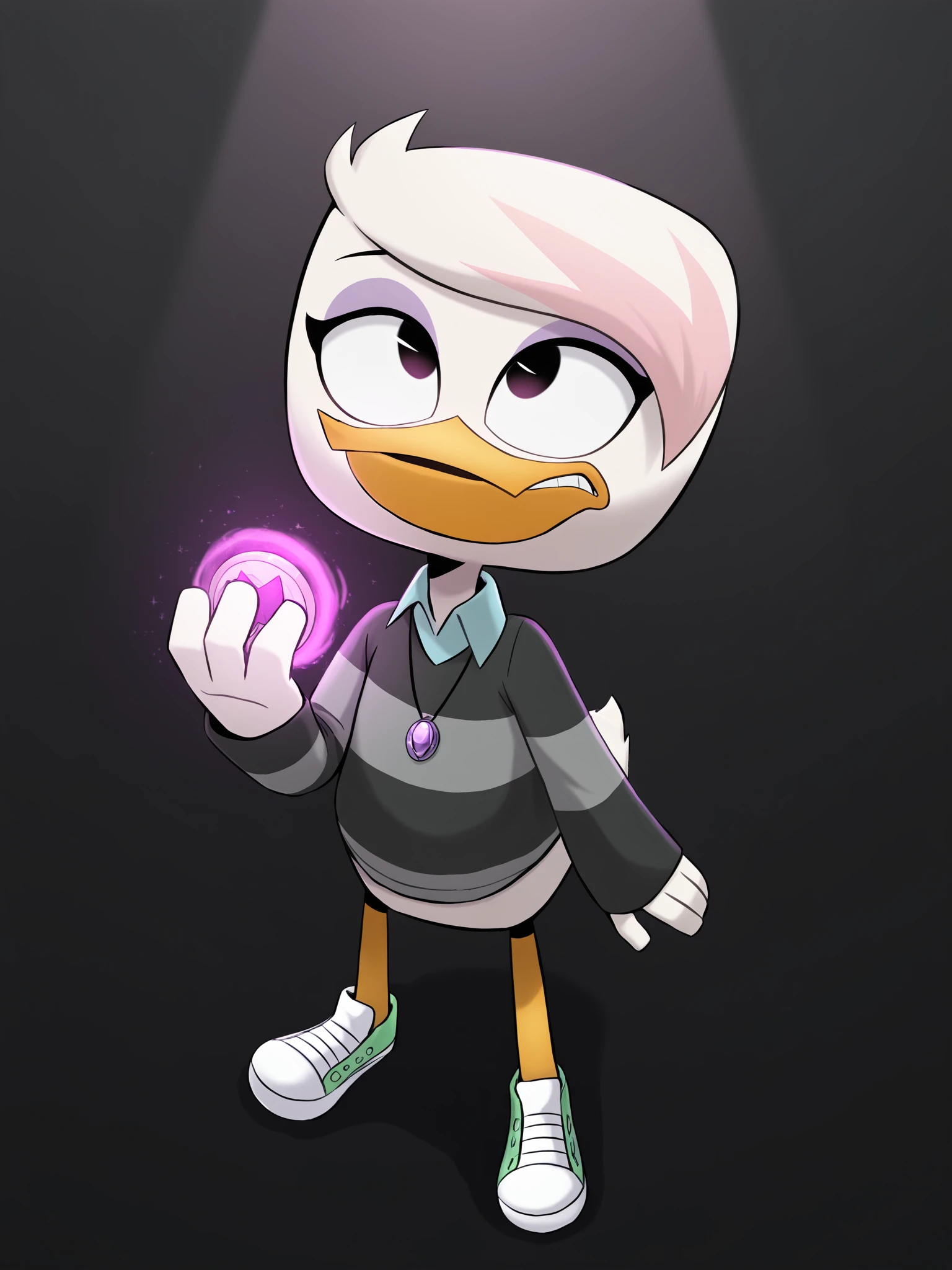 (masterpiece, best quality, very aesthetic, absurdres, artist:sakura, gradient background, black background, shaded, spotlight, shadow) 1girl, female, duck, beak, tall, young, lena sabrewing, magic user, locket, casting spell, sneakers, footwear, purple energy, pose, necklace, white hair, short hair, oversized sweater, purple eyeshadow, purple amulet, looking up, high-angle view, foreshortening,  dark clothing, striped sweater, sleeves past wrists, collared undershirt, pink highlights, swept bangs,  <lora:Sakura_Style:1> <lora:Lena_Sabrewing:1>