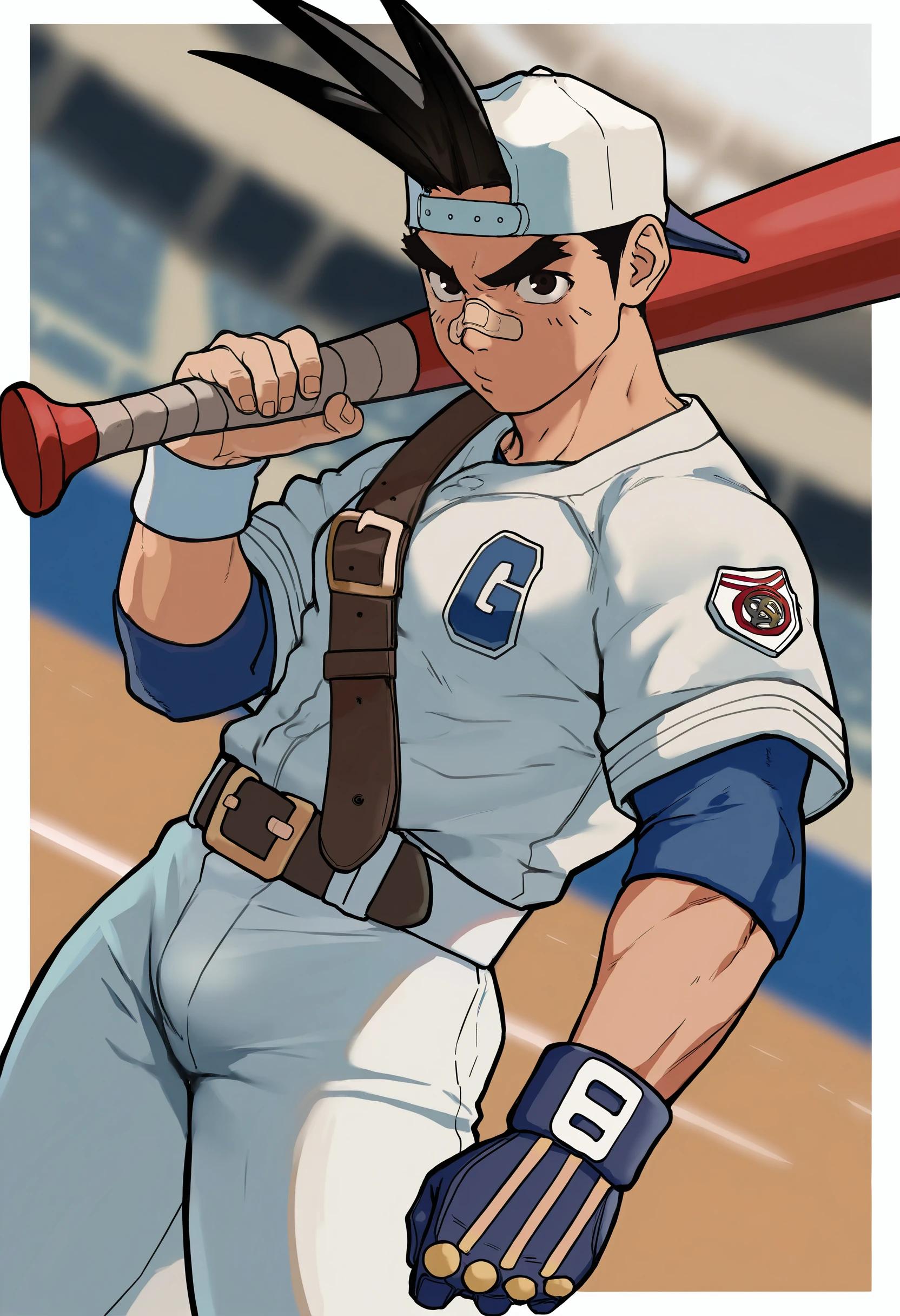 masterpiece, best quality, newest, absurdres, highres, very awa, 1boy, male, male focus, sawamura shouma, hair through headwear, backwards hat, bandaid on nose, baseball uniform, holding baseball bat, single glove, wristband, belt, cowboy shot, dutch angle, blurry background, baseball stadium, white border