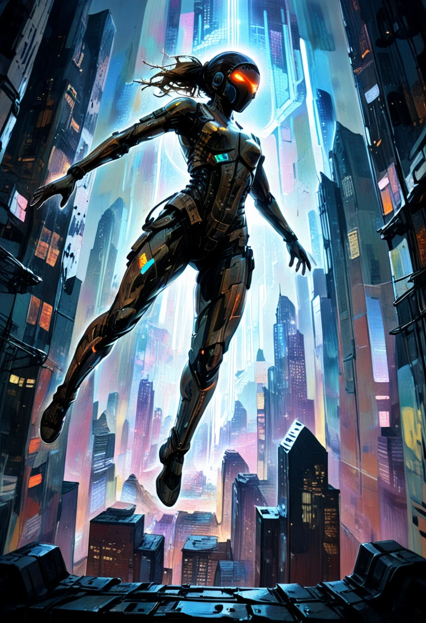 A cybernetic soldier leaping from a skyscraper, her body silhouetted against a glowing holographic city, Anime, Action and Adventure,in memadukan_painter art style, <lora:Memadukan_Brush_Strokes_of_Fineart_SDXL-000004:1.0>, memadukan_painter, Brush Strokes, Impasto