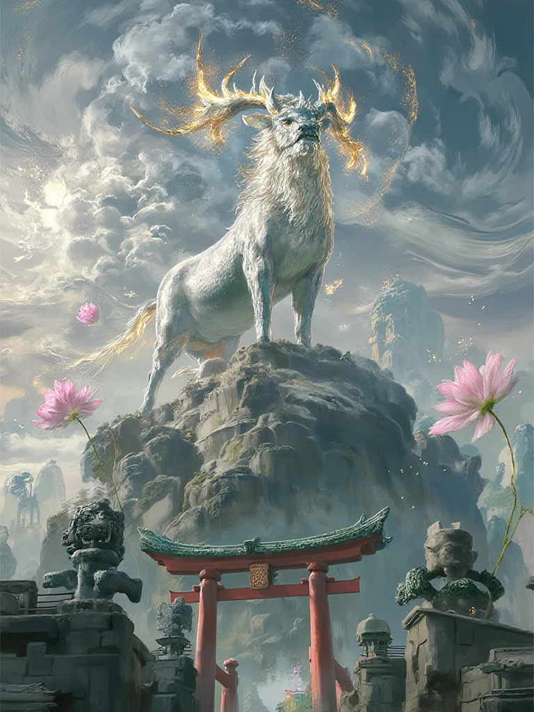 Use an Eastern aesthetic style. A celestial kirin stands atop a sacred mountain peak, its body composed of swirling clouds and starlight. The kirin's antlers branch like golden lightning, and its mane flows like liquid jade. Around it, ancient stone guardians stand sentinel, their surfaces carved with tales of forgotten dynasties. Pink lotus flowers bloom impossibly in the air, their petals releasing sparks of divine light. A great red torii gate frames the scene, while ink-painted clouds spiral through the sky, forming traditional patterns.