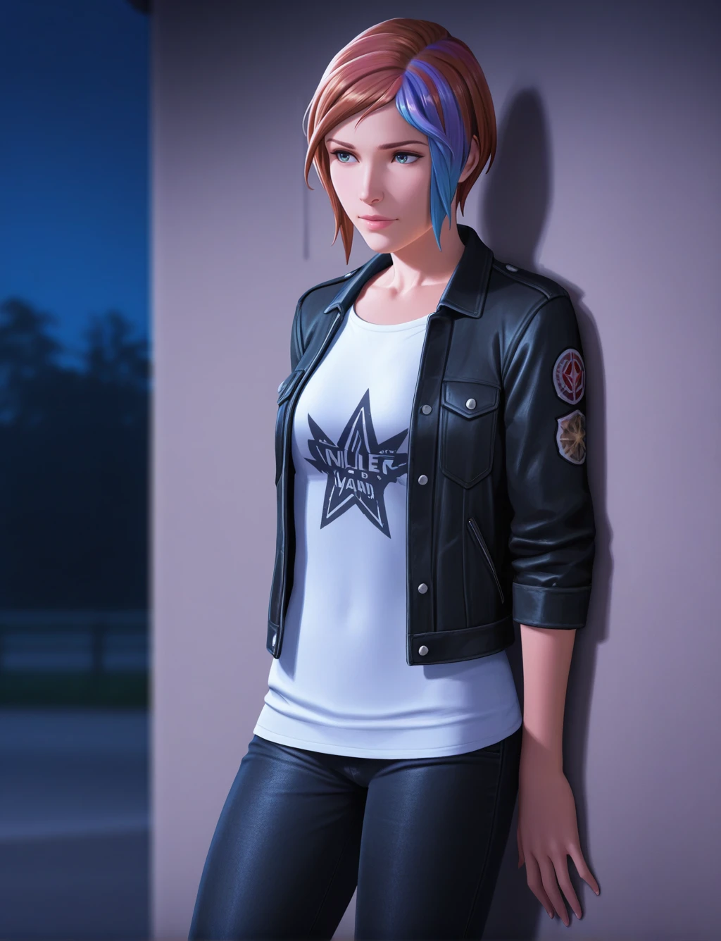 masterpiece,best quality,official anime artwork, screencap, anime screencap, masterpiece, detailed face, nsfw, uncensored, amazing quality,very aesthetic,absurdres,newest,scenery,highres,1girl,solo, cowboy shot, cowboy shot, chloeprice:1.2, multicolored hair, blue and brown hair, black denim jacket, white t-shirt, black jeans, standing against a wall, night, alleway, blurred background, <lora:ChloePrice_IL_v1:1>