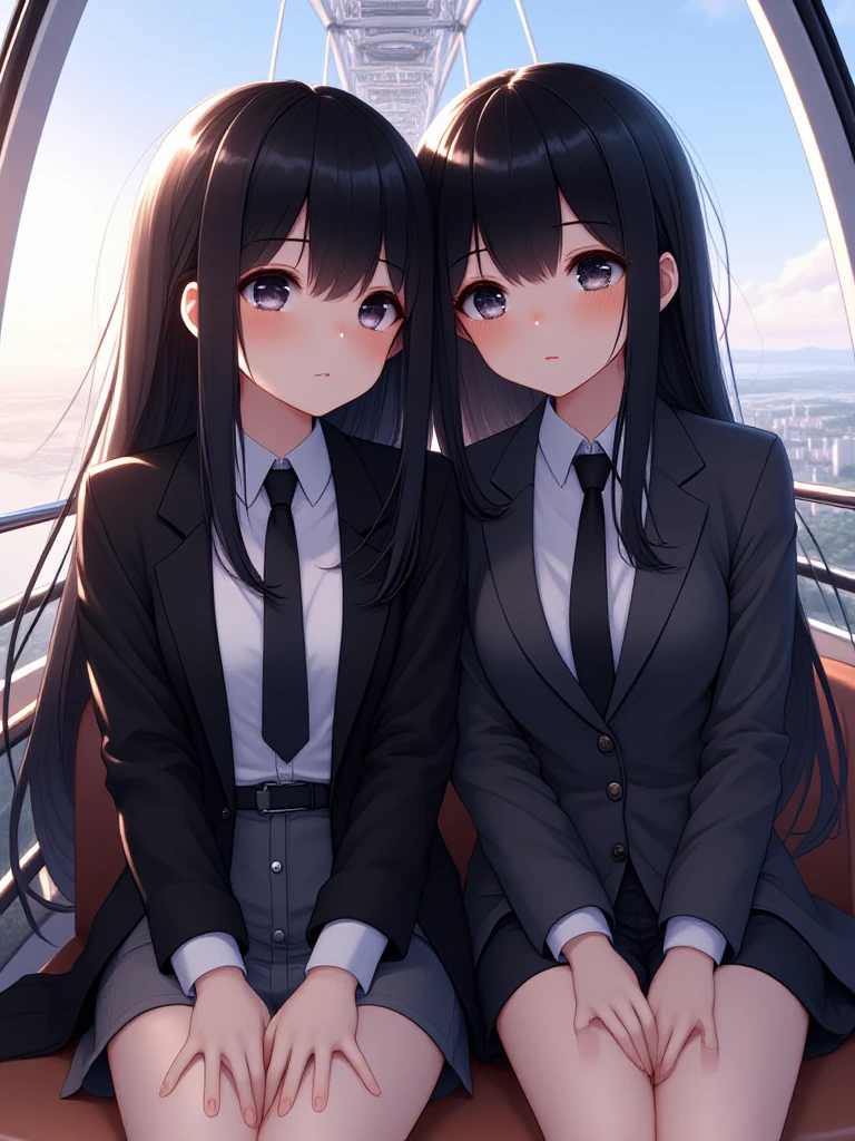 This is a couple anime picture, ferriswheel interior, glass cabin interior, reflection, 2girls, office lady, black jacket, pencil skirt, black necktie, large breasts, black hair, absurdly long hair, shy, sweat, medium height, window, horizon, skyline, scenery, cityscape, amusement park, sitting on seat, <lora:girllikeferriswheel_flux:1>