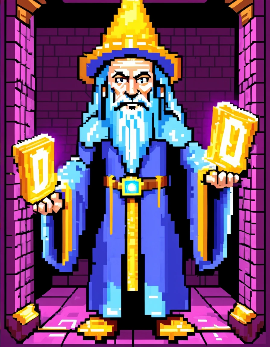 <lora:EverlyHeightsAnthologyXL:1>   <lora:3D_Movie_Maker_XL:.2> <lora:Everly_Heights_Comics:.2> DOS Blocks FLUX: A pixel-art poster of a wizard with a long blue beard holding a glowing block of light, set against a retro, DOS-style dungeon backdrop. The text "DOS Blocks" is in bold, blocky yellow font, evoking the charm of early PC gaming aesthetics.