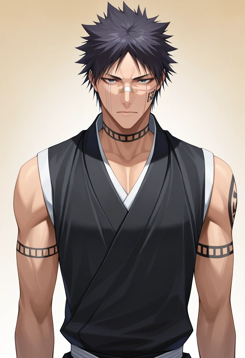 masterpiece, best quality, intricate details, semi-realistic, looking at viewer, 1boy, solo, male focus, <lora:shuuhei_hisagi_ilxl:0.98>, shuuhei_hisagi, black hair, black eyes, short hair, spiked hair, tattoo, facial mark, bandaid on nose, scar on face, japanese clothes, sleeveless, , ,