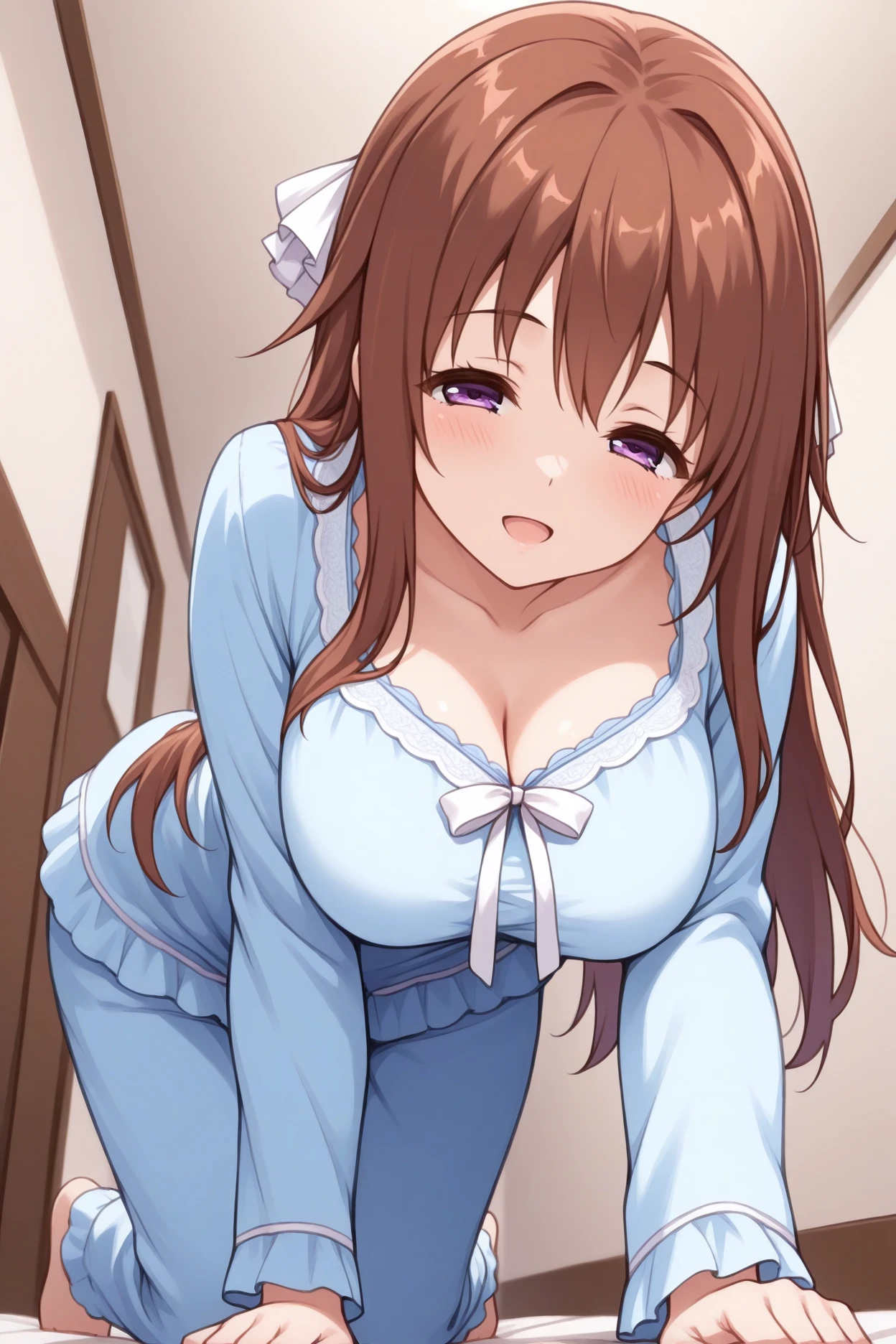 masterpiece, best quality, 1girl, solo <lora:csayuu-illu-nvwls-v1-000005:1> csayuu, brown hair, long hair, purple eyes, hair ribbon, white ribbon, blue nightgown, pajamas, big breasts, half-closed eyes, happy, open mouth, blush, all fours, hallway, looking at viewer