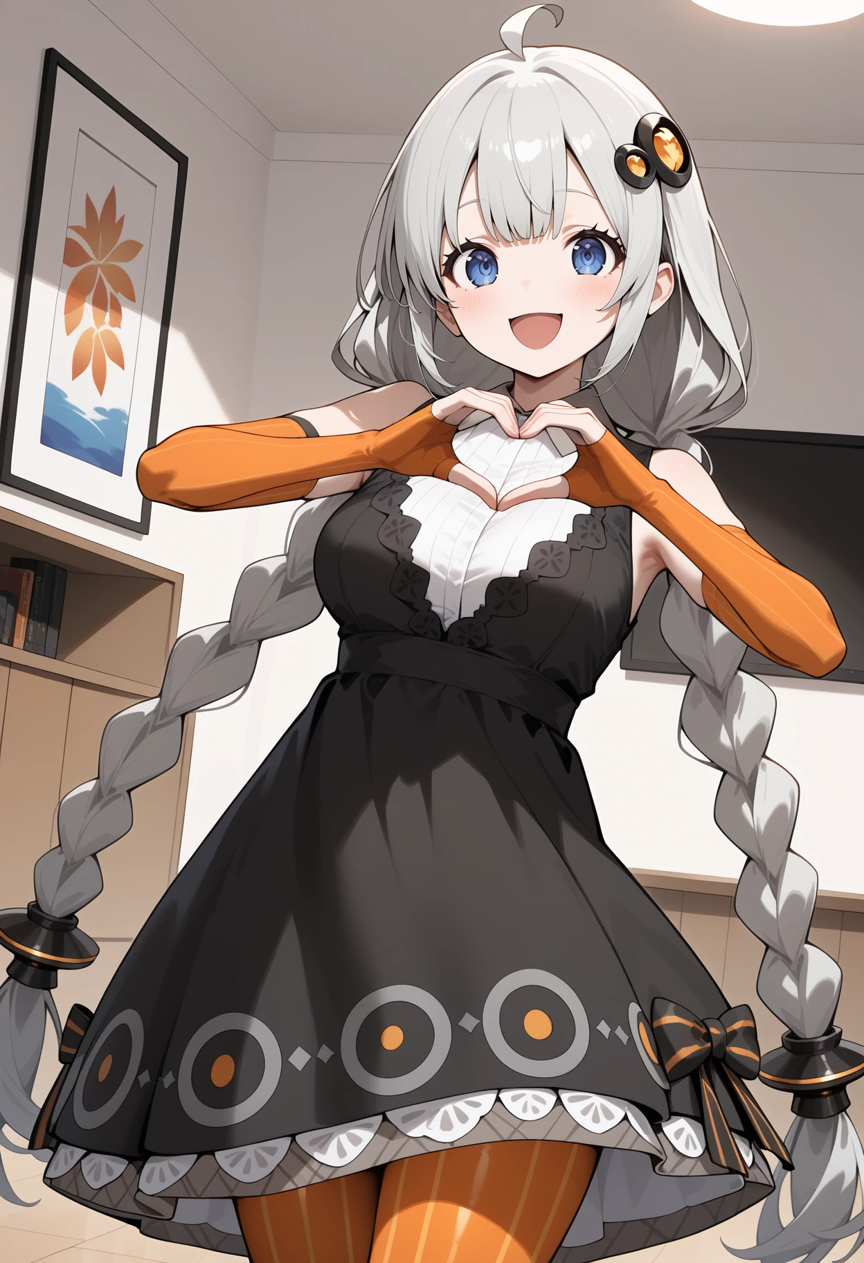 score_9, score_8_up, score_7_up, score_6_up, score_5_up, score_4_up, source_anime, aaakari, long hair, grey hair, twin braids, ahoge, hair ornament, blue eyes, breasts, white shirt, black dress, sleeveless, elbow gloves, fingerless gloves, orange gloves, striped pantyhose, orange pantyhose, <lora:kizuna_akari_ponyxl_v1:0.9>, indoors, room, heart hands, smile, laughing,