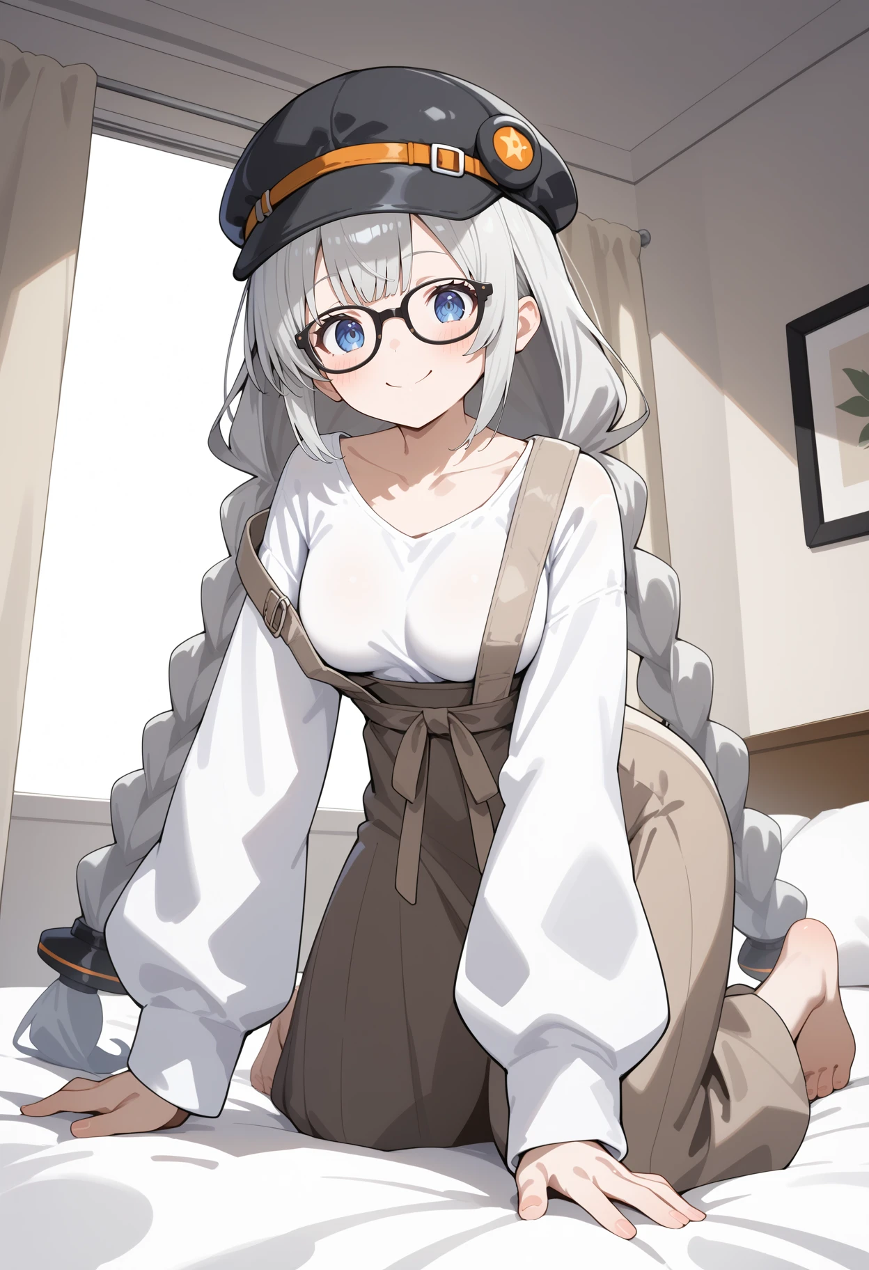 score_9, score_8_up, score_7_up, score_6_up, score_5_up, score_4_up, source_anime, aaakari, long hair, grey hair, twin braids, cabbie hat, black headwear, blue eyes, glasses, breasts, collarbone, white shirt, long sleeves, suspender skirt, high-waist skirt, brown skirt, <lora:kizuna_akari_ponyxl_v1:0.9>, on bed, bedroom, all fours, naughty face, smile, blush, from below, barefoot,