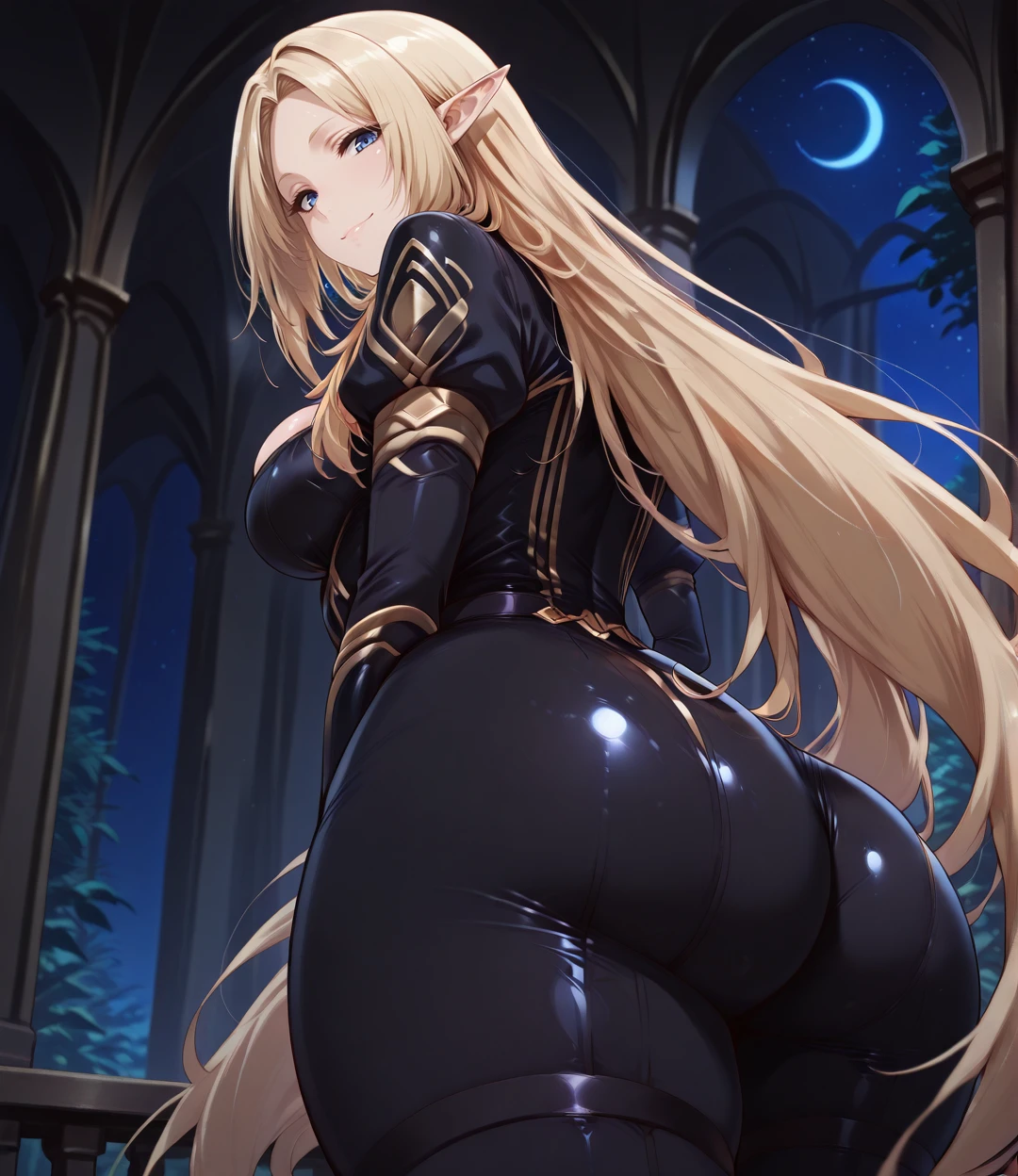 (masterpiece, best quality:1.2), amazing quality, very aesthetic, 32k, absurdres, extremely beautiful, newest, scenery, extra details, (sharp detailed:1.2), sharp focus, character focus, absurdres, official art, detailed anatomy, correct anatomy, (nakamura_regura:0.4),
alpha, blonde hair, parted bangs, sidelocks, long hair, very long hair, (blue eyes), elf, pointy ears, medium breasts, bodysuit, black bodysuit, gold trims, thigh straps, cleavage, from below, ass focus, look back, smile,
detailed, shiny skin, soft shaded, dark, Low-key lighting, depth of field, abstract background, night, outdoors, crescent moon, <lora:Ð°Ð»ÑÑÐ°:1.0> <lora:IL_DKdra_v4:1.0>