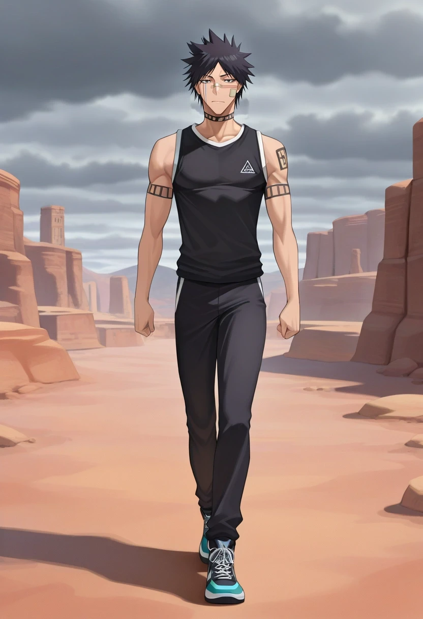 masterpiece, best quality, , , looking at viewer, 1boy, solo, male focus, <lora:shuuhei_hisagi_ilxl:1>, shuuhei_hisagi, black hair, black eyes, short hair, spiked hair, tattoo, facial mark, bandaid on nose, scar on face, , , Petra, Jordan, sandstone canyon, ancient stone city, walking pose, curious expression, overcast light,