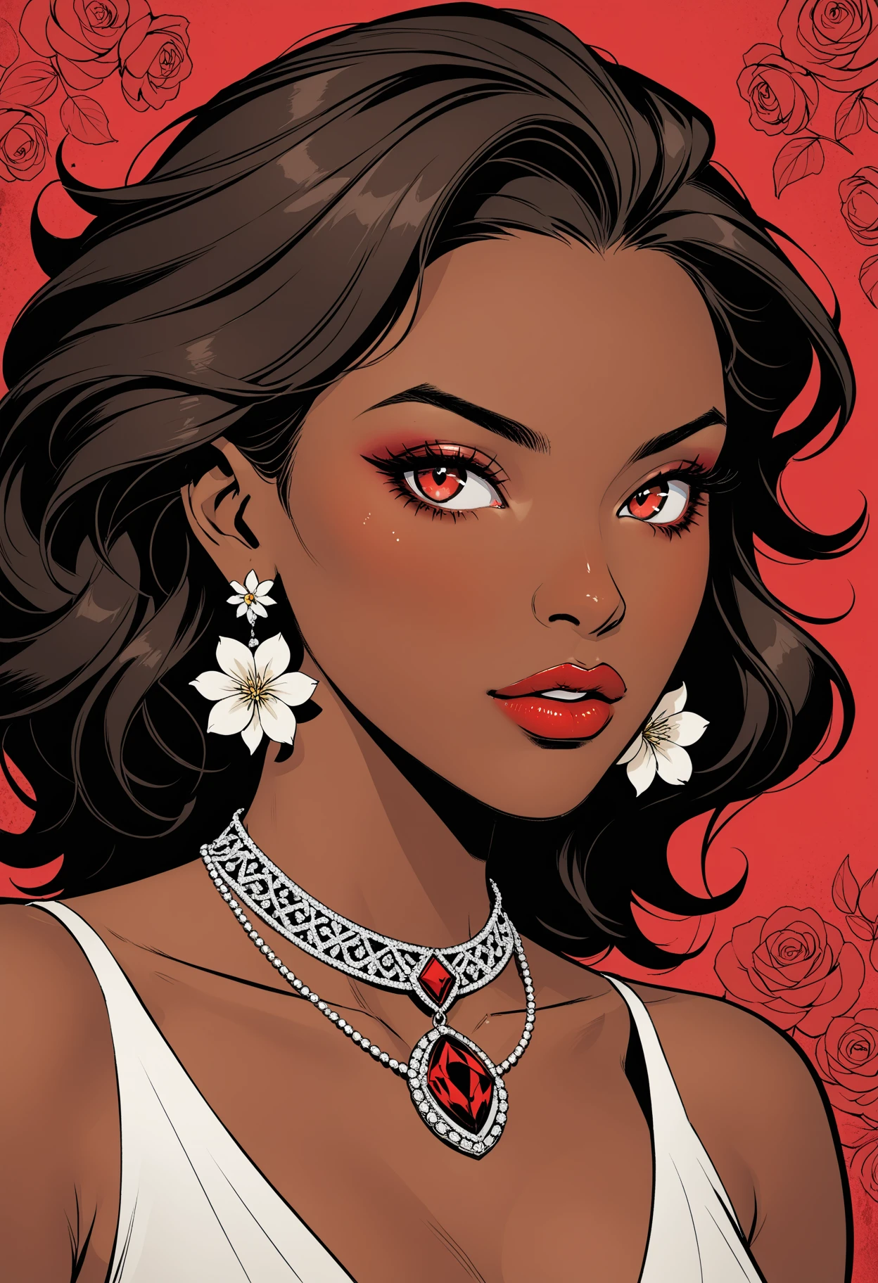 Hell4ineXLPOS 1girl, solo, red eyes, jewelry, flower, earrings, dark skin, necklace, dark-skinned female, lips, portrait, very dark skinâââ