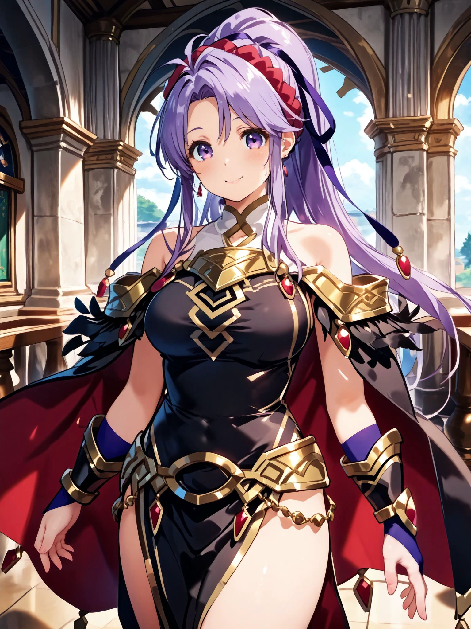 masterpiece,best_quality,1girl,solo,<lora:tailtiu feh 3outfits_illustriousXL:0.8>,resplendent tailtiu,cape,gauntlets,black dress,gold belt,side slit,cowboy shot,standing,smile,looking at viewer