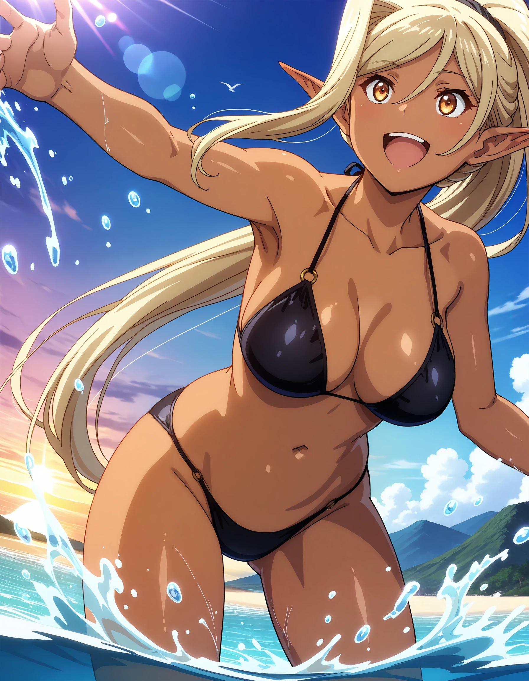 best quality, masterpiece, anime_screencap, hi res, best_quality, very aesthetic, absurdres, 8k, kcl, 1girl, solo, ponytail,
glamorous, slender, voluptuous,
large breasts,
smile,happy,open_mouth,
standing, splashing, string_bikini,, fantasy, beach, shoreline, sunshine, lens_flare, water, water_drop, island, vacation