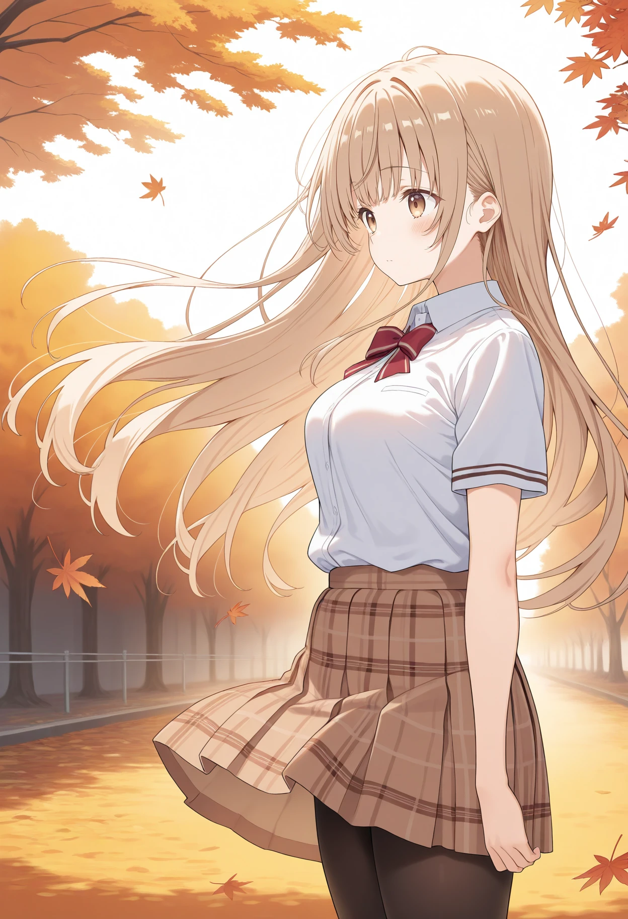 1girl, aamahiru, long hair, brown hair, brown eyes, breasts, school uniform, red bowtie, collared shirt, white shirt, short sleeves, plaid skirt, brown skirt, black pantyhose, <lora:shiina_mahiru_ilxl_v1:0.9>, outdoors, from side, wind, floating hair, standing, cowboy shot, solo, autumn,
masterpiece, best quality, amazing quality,