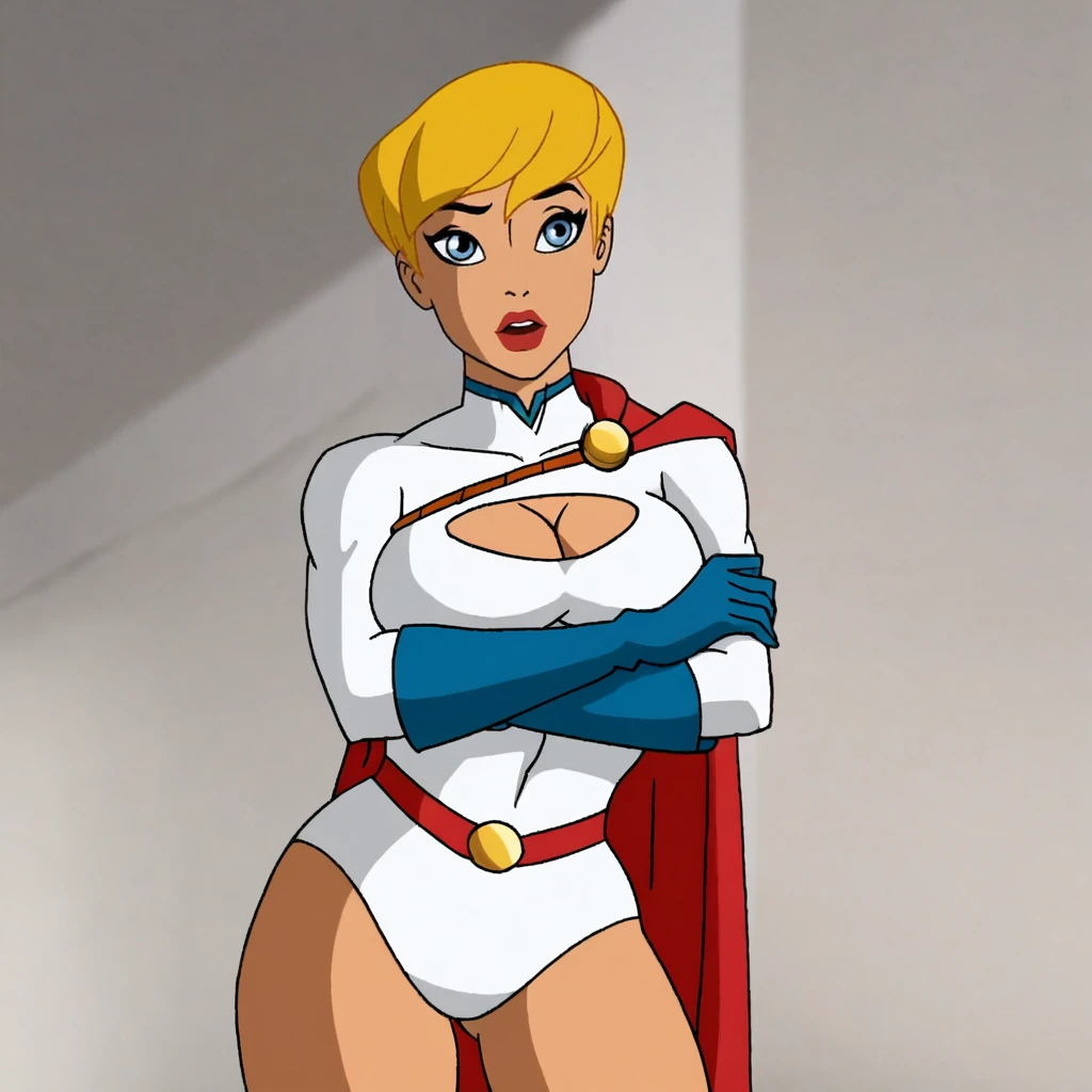 <lora:powergirlpublicenemies_pony_v1:.8> PowerGirlPublicEnemies, 1girl, cleavage cutout, blonde hair, large breasts, short hair, clothing cutout, cape, blue eyes, blue gloves, white leotard, superhero, lipstick, makeup, lips, belt, dark skin