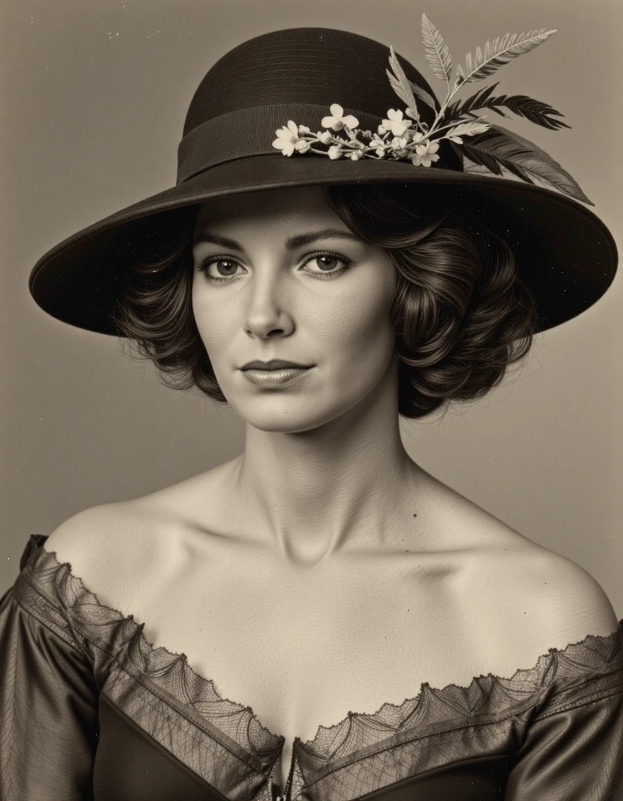 daguerreotype festive portrait wearing a large fancy ornate hat with feathers and leaves <lora:jaclyn-smith-charlie-s-angels-flux:1.1>