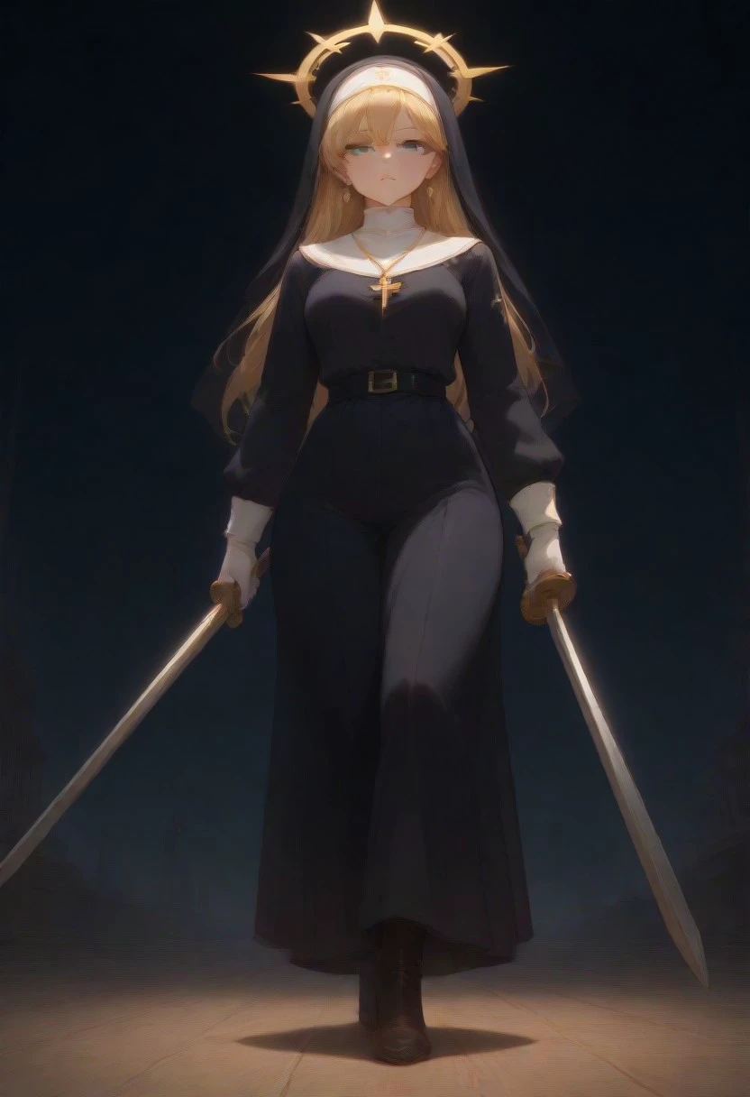 masterpiece ,best quality ,amazing quality ,very aesthetic,absurdres,newest,scenery,highres,usnr,hualidefengge,1girl,solo,looking at viewer, super low angle ,one weapon, blond hair ,blue eyes ,leather, nun, black uniform, floor length ,golden trimmed, earrings, jewelry ,one sword, gloves ,female ,holding ,holding weapon ,halo ,looking at viewer, habit, dark background. freebos_smoothiestyle