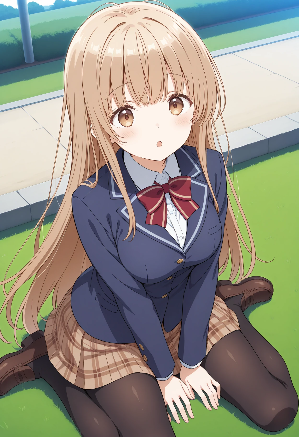 1girl, aamahiru, long hair, brown hair, brown eyes, breasts, school uniform, red bowtie, collared shirt, white shirt, blazer, blue jacket, long sleeves, plaid skirt, brown skirt, black pantyhose, <lora:shiina_mahiru_ilxl_v1:0.9>, sitting, on floor, wariza, outdoors, grass, loafers, :o,
masterpiece, best quality, amazing quality,