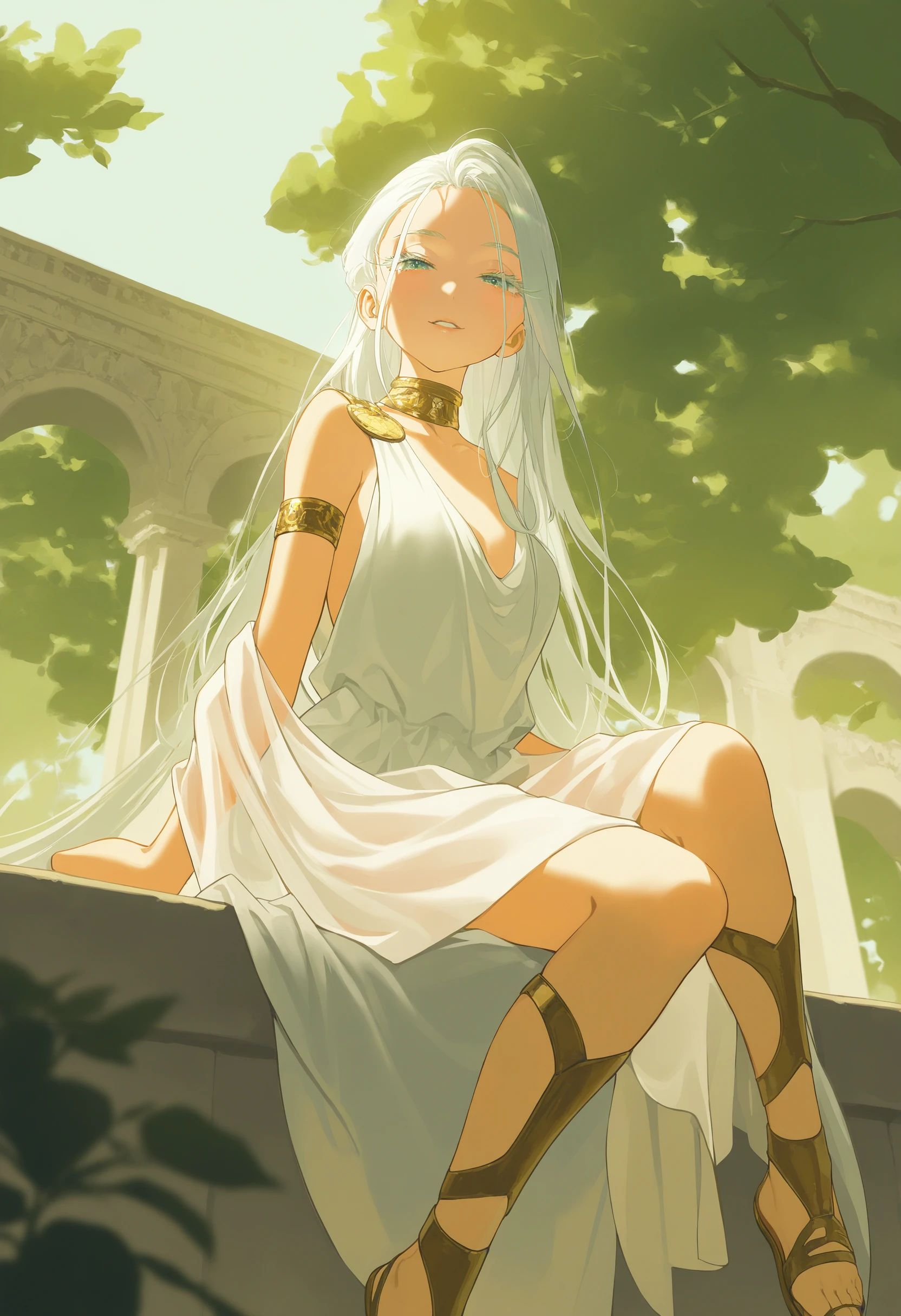 by [|diyokama|say hana|yoneyama mai|lam],
1girl, solo, toga, white dress, armlet, looking at viewer, ancient greek clothes, see-through clothes, shawl, greco-roman clothes, white hair, loose hair strand, gold choker, bare shoulders, gladiator sandals, foot dangle, parted lips,
looking at viewer, colored eyelashes, long eyelashes, half-closed eyes, forked eyebrows, green eyes, smile,
greco-roman architecture, tree shade, outdoors,
masterpiece, best quality, very awa, absurdres
<lora:noobai_epred_11_ ancient_greek_clothes_v1:1>