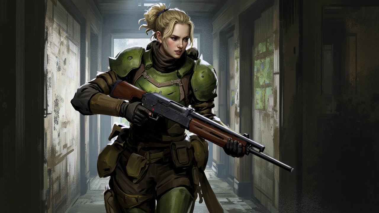 illustration in dad artstyle, Young woman, late 20s, fair-skinned, medium height, athletic build, blonde hair in ponytail, wearing detailed sci-fi armor costume in green and brown colors, holding large sci-fi shotgun, black gloves, walking down a very dark and completely pitch black abandoned hallway, aiming down the sides of her guns