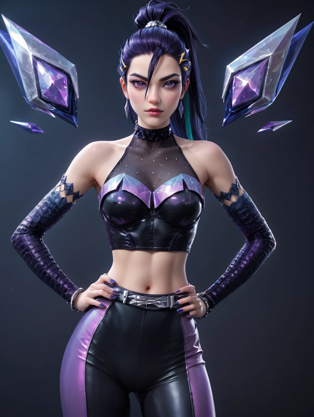 1girl, k/Da (league of legends), kaisa, (official k/da), (league of legends), purple high ponytail, k/da two-tone outfit, <lora:KaisaPonyV1:0.6>
looking at viewer, arms on side, (hands on hip:1.2),