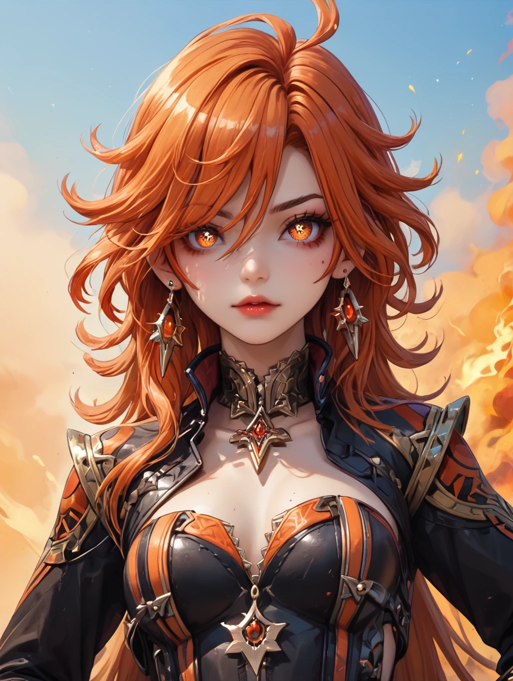 1girl, mavuika (genshin inpact), mavuika, (official mihoyo), (genshin inpact), orange burning hair, simbol eyes, tight leather outfit, <lora:MavuikaPony:0.6>
looking at viewer, hands on hip, waist up shot, headshot,