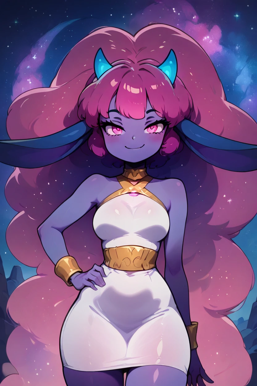 masterpiece, best quality, solo, curvy, beautiful eyes,,<lora:DaedreamCitronOCIXL:1.0>, zzDaedreamCitronOC, zzDaedream, long floating hair, big hair, purple skin, 1girl, blue horns, glowing pink hair, starry sky, glowing, pink eyes, gradient hair, purple hair, starry hair, animal ears, long ears, white dress, cowboy shot, hand on hip, smug, smile, looking at viewer, shiny skin,