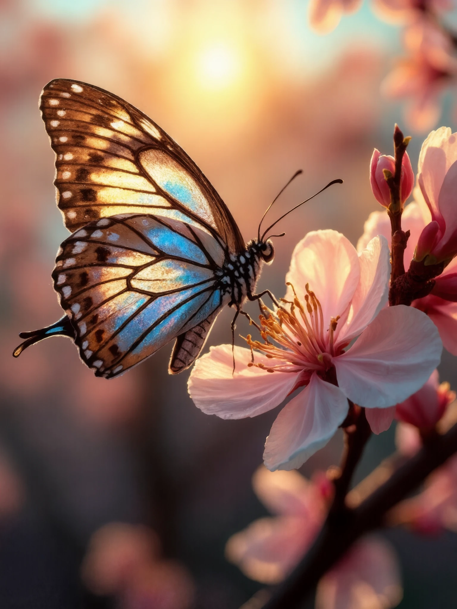 A hyper-realistic, high-resolution close-up portrait of a delicate butterfly landing gently on a blooming cherry blossom branch. The intricate details of the butterfly’s wings shimmer with iridescent hues, reflecting soft sunlight. The cherry blossoms are in full bloom, with petals glowing in gentle pink and white tones, and subtle dewdrops cling to the edges. The background is softly blurred with hints of more cherry blossoms and a warm golden sunrise, creating a serene, peaceful atmosphere. The scene feels vibrant, capturing the fleeting beauty of nature in exquisite detail.