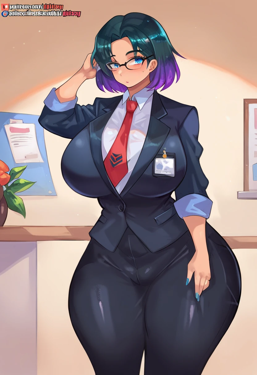 score_9, score_8_up, score_7_up BREAK 1girl, female, huge breasts, thick thighs, wide hips, curvy, voluptuous, hourglass figure, venus body, elma, black hair, blue eyes, gradient hair, multicolored hair, purple hair, short hair, slit pupils, necktie, glasses, formal, suit, office lady, light skin, fair skin, girlsay style  <lora:girlsay-000002:1>