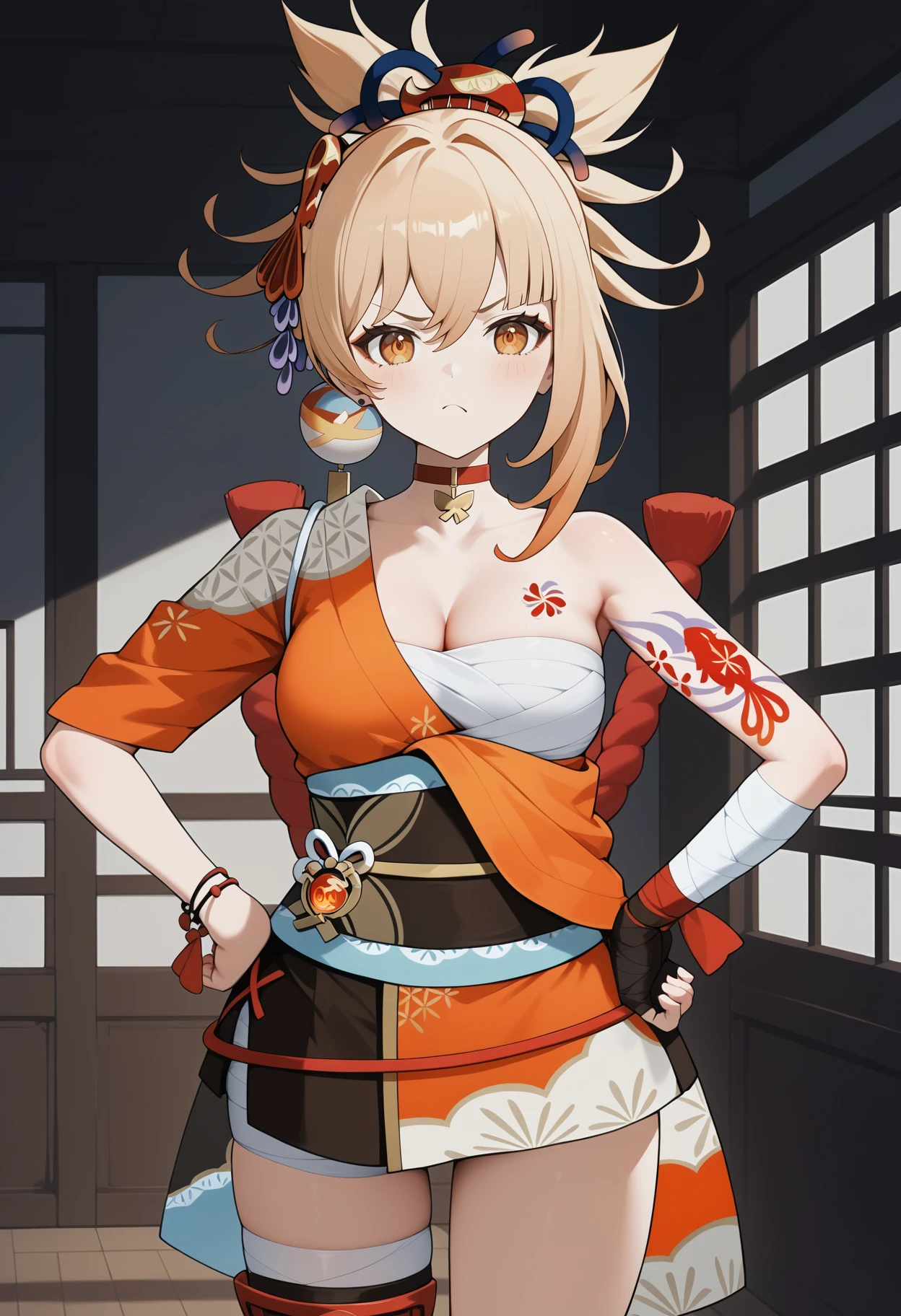 score_9, score_8_up, score_7_up, score_6_up, score_5_up, score_4_up, source_anime, aayoimiya, blonde hair, ponytail, hair ornament, orange eyes, breasts, tattoo, red choker, single bare shoulder, orange kimono, bandaged chest, bandaged arm, bracelet, single glove, fingerless gloves, black gloves, obi, rope, leg armor, single thighhigh, <lora:yoimiya_(genshin_impact)_ponyxl_v1:0.9>, standing, cowboy shot, hands on own hips, pout, frown, indoors,,