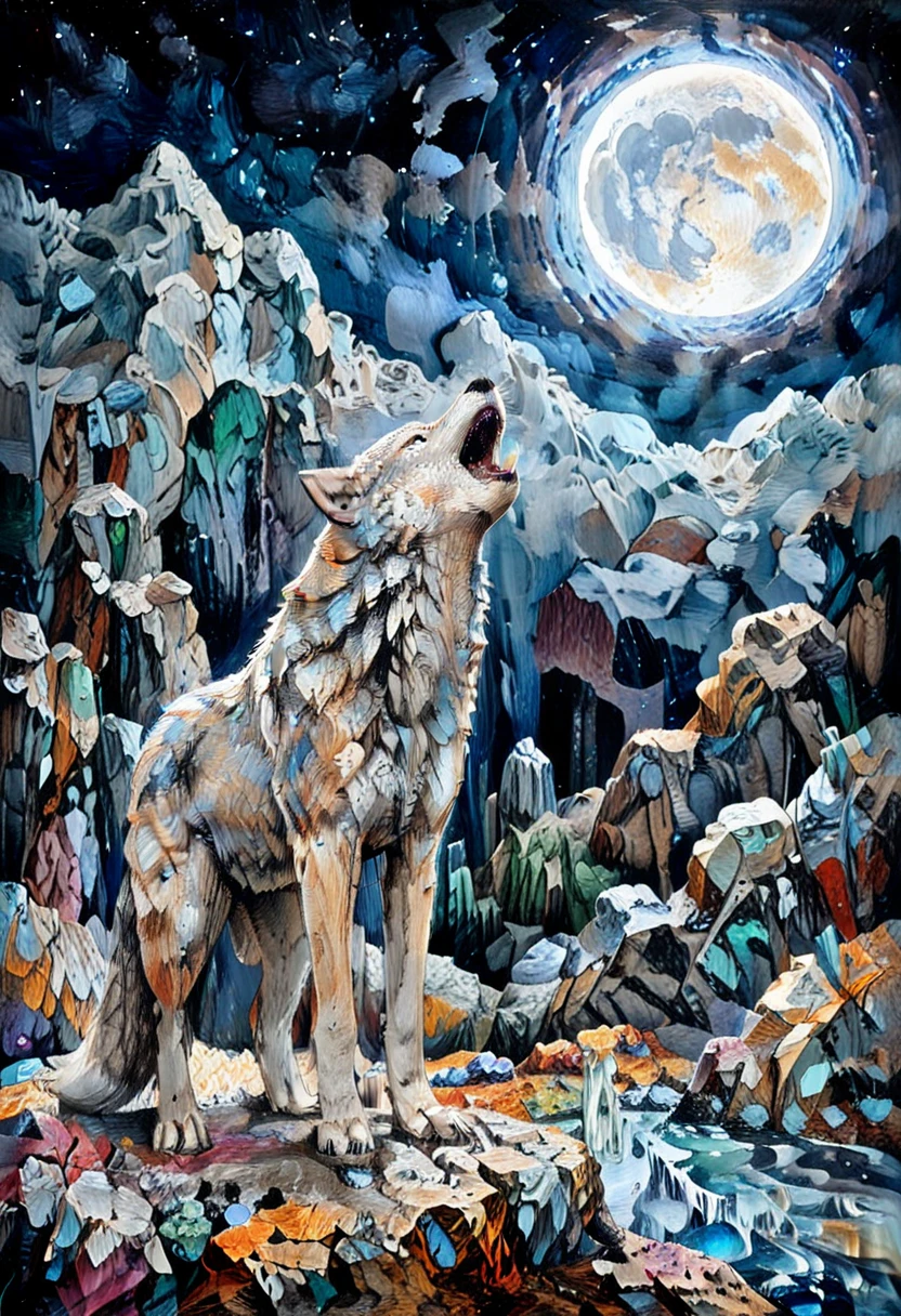 A wolf howling at a moon made of crystals, Animals and Creatures,in memadukan_painter art style, <lora:Memadukan_Brush_Strokes_of_Fineart_SDXL:1.0>, memadukan_painter, Brush Strokes, Impasto