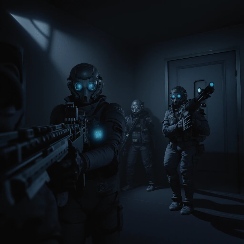 cinematic film still of  <lora:2065 Final Fantasy The Spirits Within style v1:0.9>
In 2065 Special Forces Elite Squad two silhouetted soldiers in full gear are standing in a room, science fiction sci fi movie themed, sharp, detailed, epic cinematic photography, artistic, creative, dramatic light, cinematic color style, Kodak film style, realism, unreal engine, cgi style, final fantasy style, 1girl, blue eyes, weapon, gun, glowing, glowing eyes, dark, holding, holding weapon, robot, mecha, science fiction, horror (theme), artist name, mask, holding gun, rifle, assault rifle, aiming, gas mask, armor, shallow depth of field, vignette, highly detailed, high budget, bokeh, cinemascope, moody, epic, gorgeous, film grain, grainy