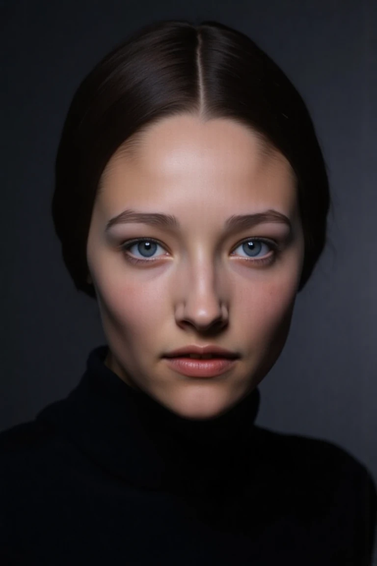 Create a close-up, high-fashion portrait of a woman with striking blue eyes and a calm, confident expression. She wears a sophisticated black outfit that exudes elegance and minimalism. The background is a smooth gradient of dark gray, enhancing the overall refined and contemporary aesthetic. The lighting is soft yet directional, highlighting her flawless complexion and subtle makeup, with a focus on her eyes and cheekbones. The mood of the portrait is polished, modern, and artistic.,ashgflx