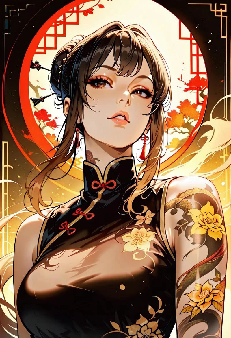 masterpiece, best quality, 32k, high resolution, absurdres, reij-incs, silhouette character, black ink, neon colors, colors splash effect, flowing hair, Mei, MeiRH,  1woman, mature woman, chinese woman, Very long black hair, brown gradient hair, high hair bun, brown eyes, asian eyes, pale skin, medium breasts,  full right arm tattoo, big back tattoo,  portrait, face closeup, front view, sleeveless Chinese dress, color splashes background, aesthetic, detailed eyes,  upper body, looking at the viewer, parted lips