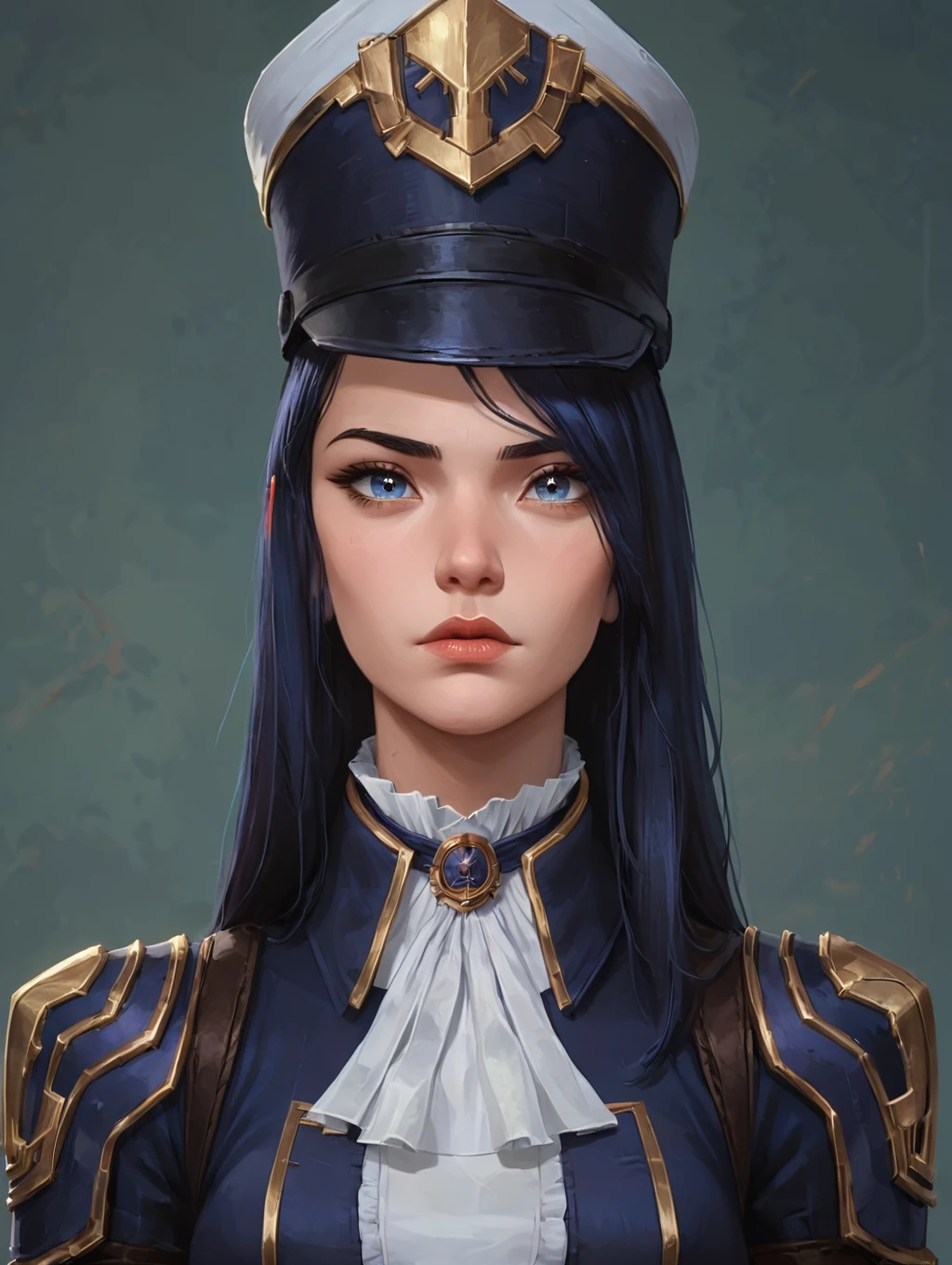 1girl, caitlyn (league of legends), arcane, (official arcane), (league of legends), dark blue hair, vigilant uniform, uniform hat, <lora:CaitlynPonyV1:0.6>
looking at viewer, arms on side, headshot,