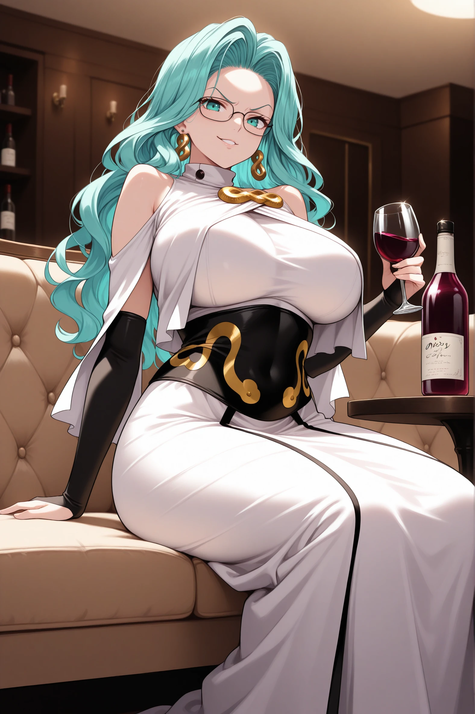 masterpiece, best quality, 1girl, solo, <lora:psykos-illu-nvwls-v1-000006:1> opmpsy, wavy hair, aqua hair, long hair, aqua eyes, huge breasts, earrings, glasses, turtleneck, white dress, shoulder cutout, bare shoulders, black underbust, gold brooch, black elbow gloves, bridal gauntlets, long dress, indoors, sitting, couch, table, holding wineglass, bottle of wine, smirk, looking at viewer